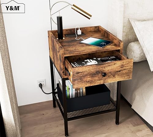 Miniatura 8 de Y&M Mesita de noche con estación de carga y puertos USB, mesa auxiliar con cajón, moderna mesita de noche, estante de almacenamiento para espacios