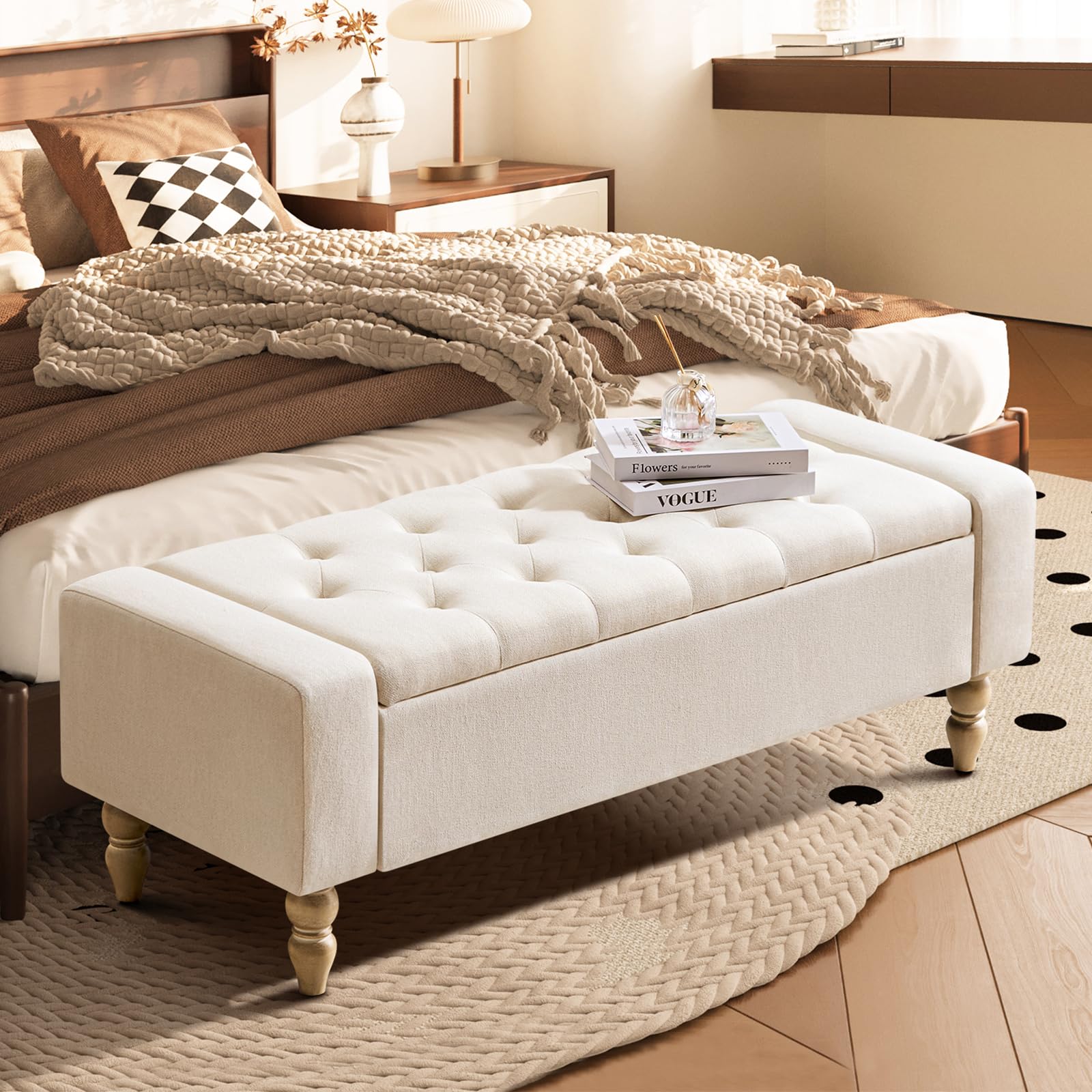 Hellove Banco de Almacenaje con Patas de Madera, 120x45x43 cm, Puff Tapizado con Botones en Tela de Lino, Sin Brazos, Banc Coffre para Salón, Dormitorio o Pie de Cama, Pasillo, de Carga 150 KG Beige
