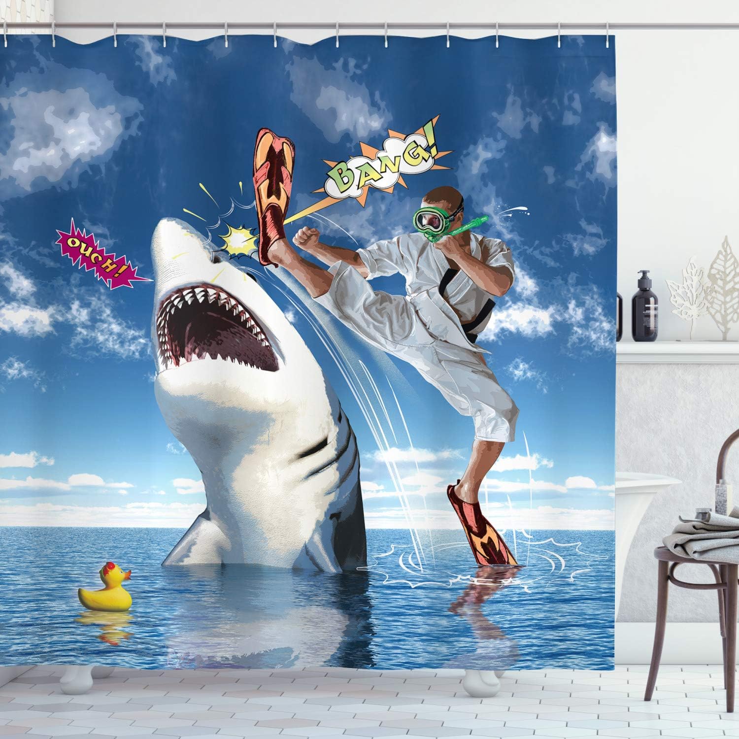 Ambesonne Sealife Shower Curtain, Unusual Marine Navy Life Animals Fish Sharks with Karate Kid and Comics Balloon Art, Fabric Bathroom Decor Set with Hooks, 69" W By 70" L, Multi 7