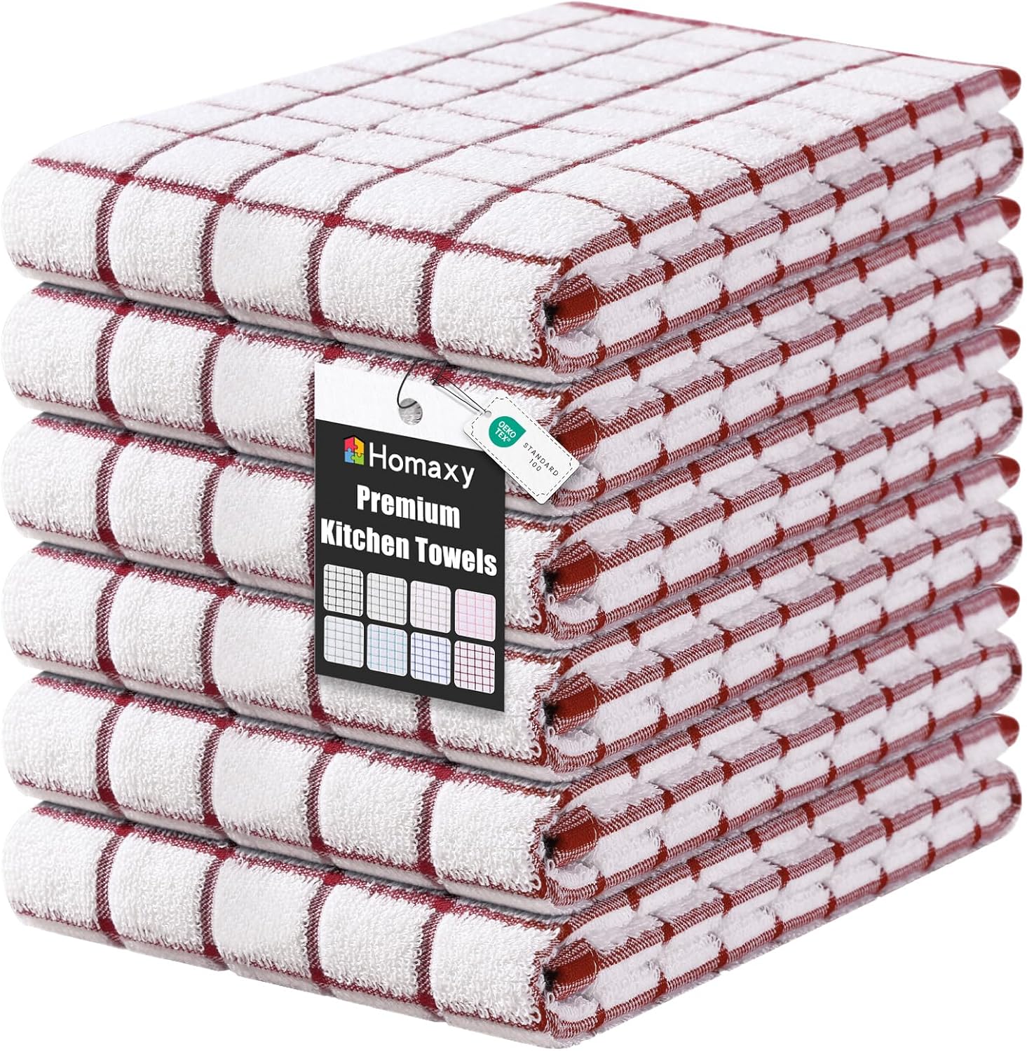 Homaxy Premium Kitchen Towels(16”x 28”, 6 Pack), Large Ring Spun Cotton Dish Towels, Super Absorbent Soft Terry Kitchen Hand Towels, Check Design Tea Towel Set with Hanging Loop, Red