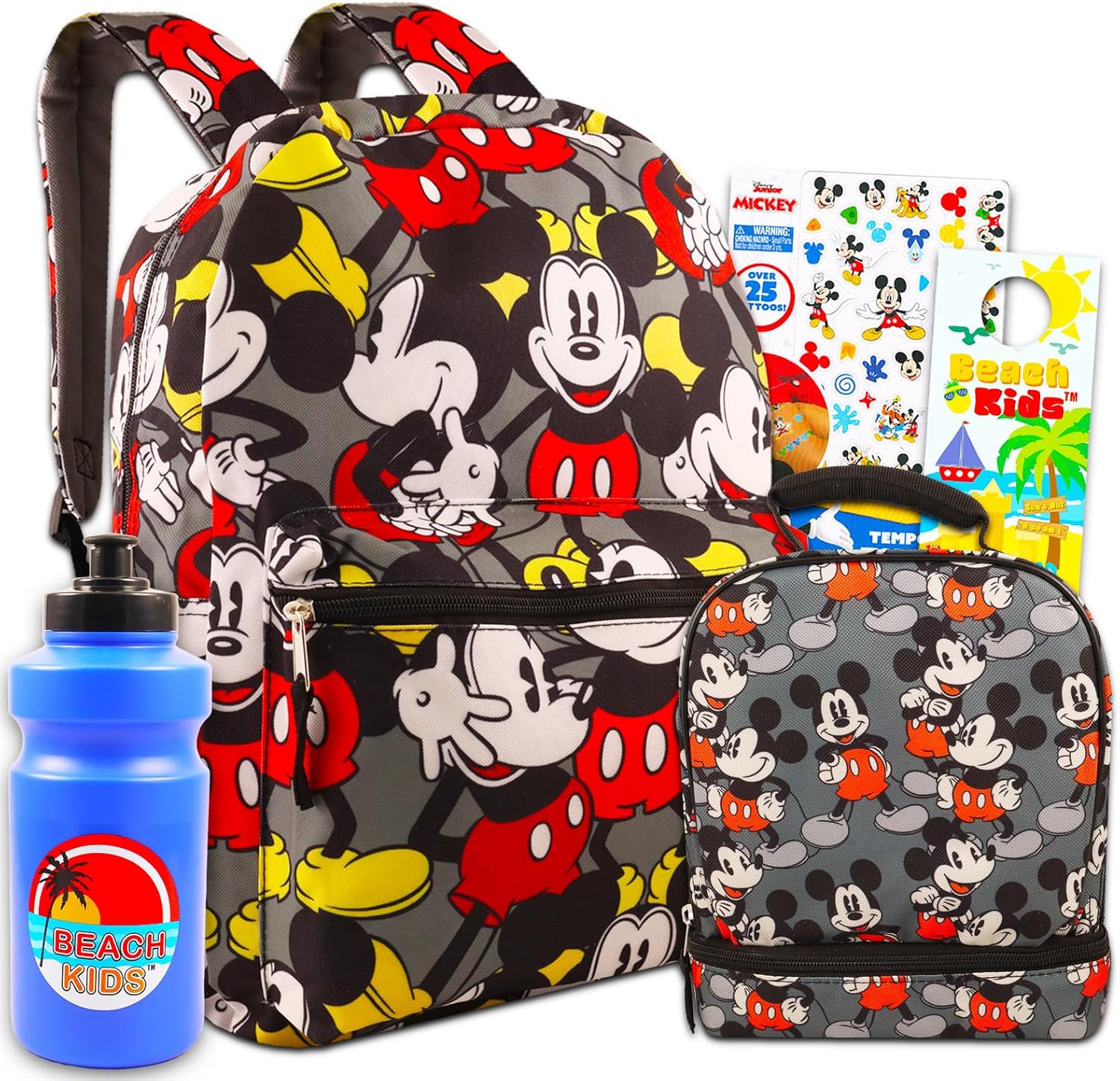 Disney Mickey Mouse Backpack and Lunch Box Set For Kids - Bundle with Classic Mickey Backpack, Lunch Bag, Tattoos, & More | Mickey Bag For Boys