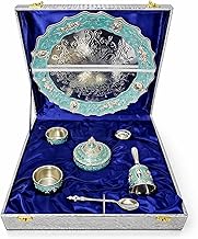 German Silver Pooja Thali Set of 7 | Round Pooja Thali for Temple | Hindu Prayer & Aarti Worship Set | Pooja Thali Decorative Items | Ideal for Puja, Festivals & Gifting - (Light Blue)