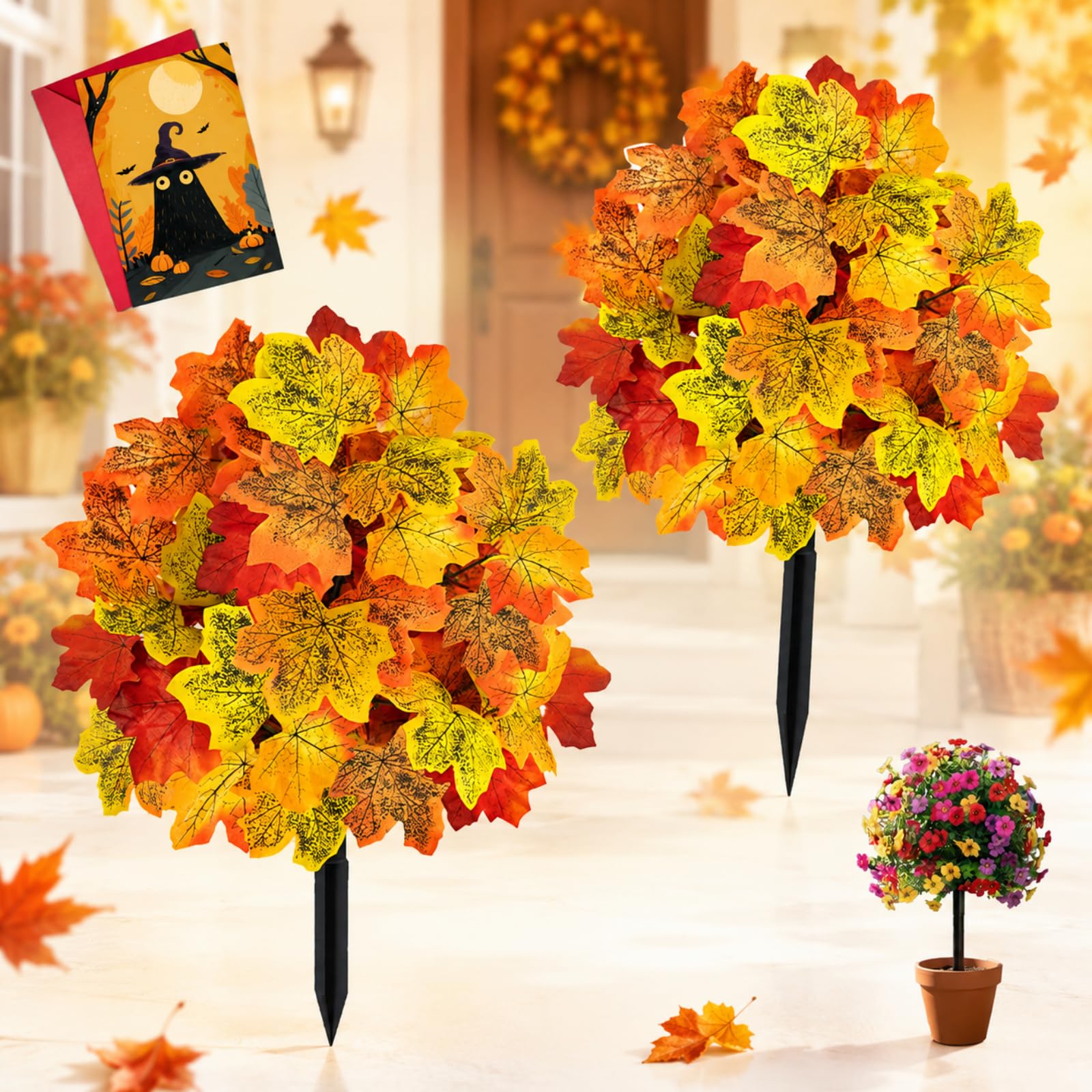 2 Pack Fall Pumpkin Topiary Trees with Stakes, 22" Outdoor Garden Stakes Decor with Orange Eucalyptus Leaves & Gourds, Fake Autumn Plant for Front Porch Pathway, Halloween & Thanksgiving Harvest (E)