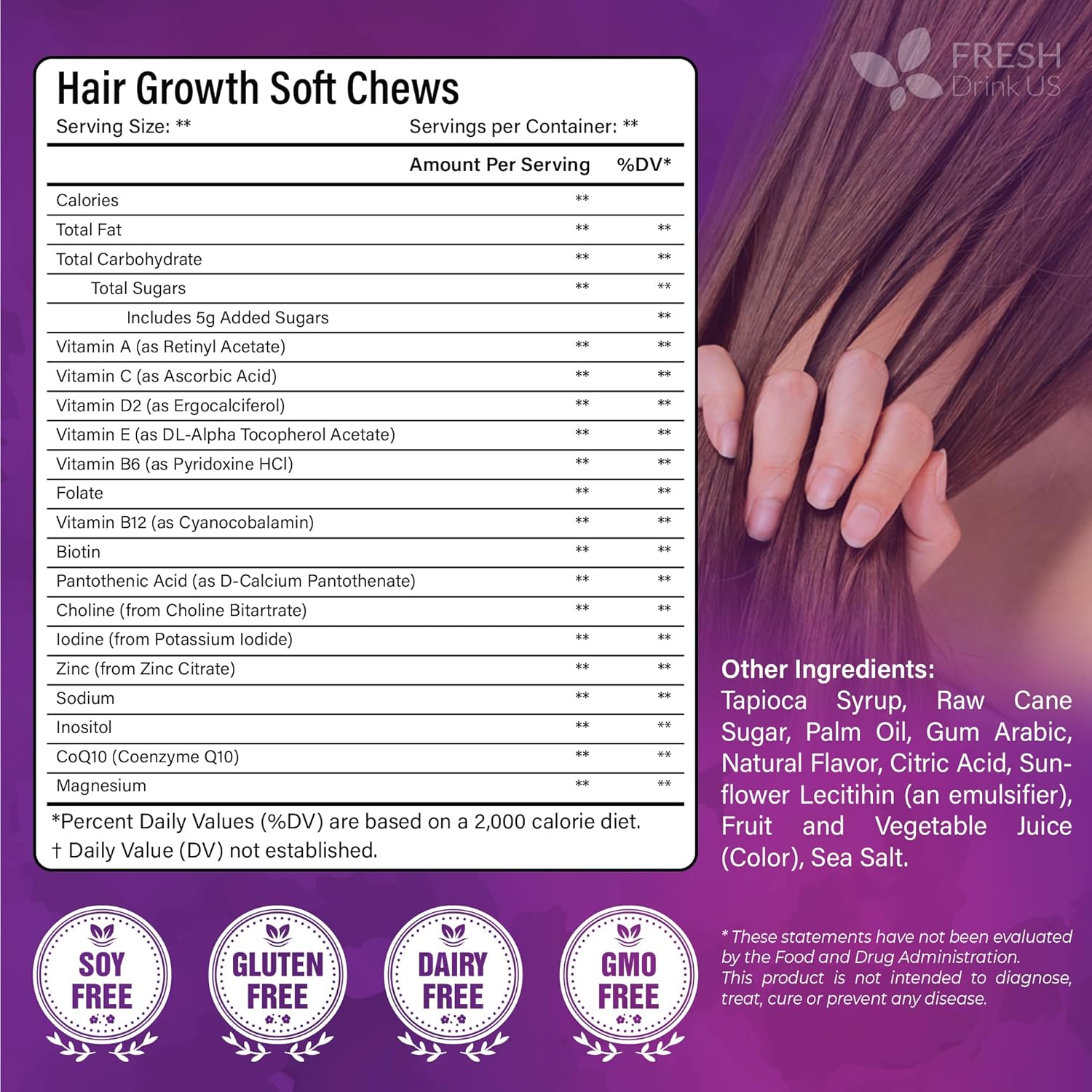 FreshDrinkUS, Premium Hair Growth Soft Chews | 90 Count | Daily Beauty Soft Chews – Delicious Chewable Formula for Everyday Hair Care Routine – Non-GMO, Gluten Free, Dairy Free