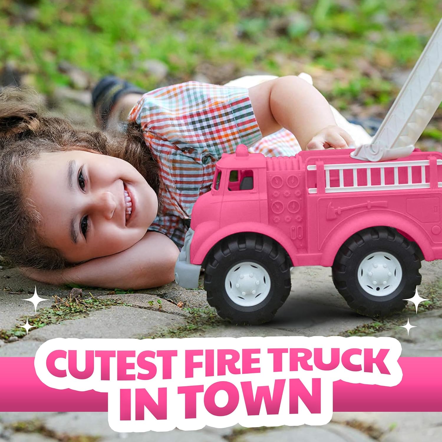 Liberty Imports Big Plastic Toy Fire Truck for Toddlers Boys and Girls | Pink Fireman Engine Vehicle with Rescue Ladders for Indoor and Outdoor Imaginative Play (Pink)