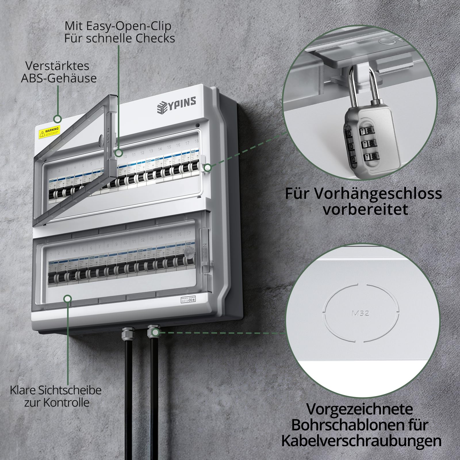 EYPINS Verteilerkasten Aufputz 2-reihig 36 Module, IP66 Wasserdicht Sicherungskasten Aufputzverteiler mit Montagezubehör, PC-Legierung UV-stabil für Garten, Keller PV-Anlagen Außenbereich Verteiler