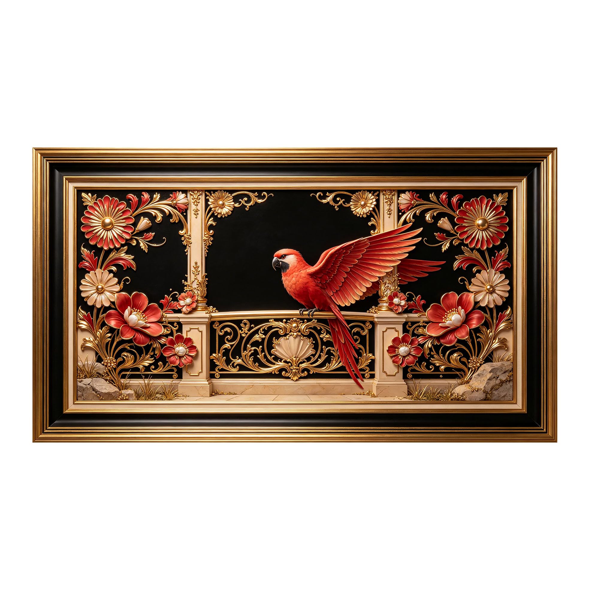 Yzpallescene 3D 3D Framed Wall Art 50cm×90cm Red Parrot Baroque Floral Relief Effect Large Size SelfAdhesive Removable Wall Decor Prints Artwork for Living Room Bedroom Office