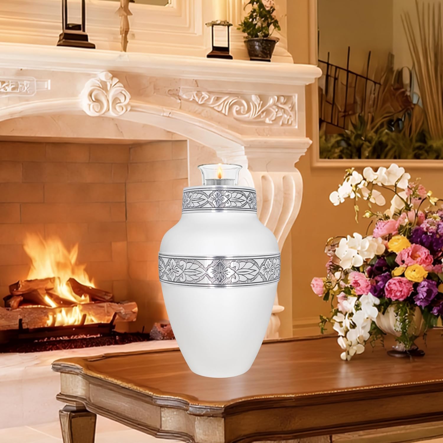 Urns for Human Ashes Adult Female/Men, Cremation Urns for Human Ashes, Funeral Urn, Memorial Metal Engraved Urn, Large White Candlestick
