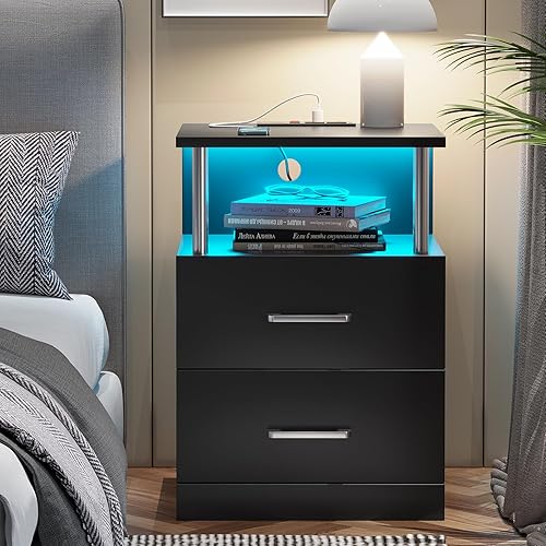 Miniatura 9 de AOGLLATI Mesita de noche con estación de carga y luces LED, juego de 2, mesita de noche con almacenamiento abierto y 2 cajones, 2 puertos USB, 2