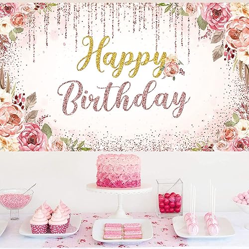 Miniatura 4 de Cartel floral de feliz cumpleaños para niñas y mujeres, suministros de decoración de fiesta de cumpleaños rosa y dorado, fondo de fotografía con