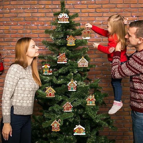 Miniatura 5 de Adornos de casa de jengibre para decoración de árbol de Navidad, 12 piezas de decoración de Navidad de casa de jengibre, adornos colgantes