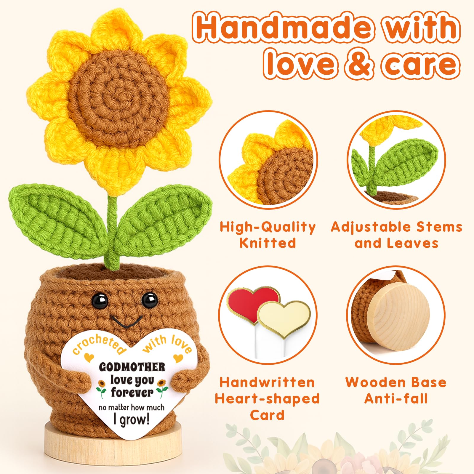 Cadeau de marraine de la part de filleul, cadeau de baptême pour marraine, cadeau religieux pour marraine, cadeau chrétien fait à la main en crochet tournesol pour Dieu, mère, parraine et