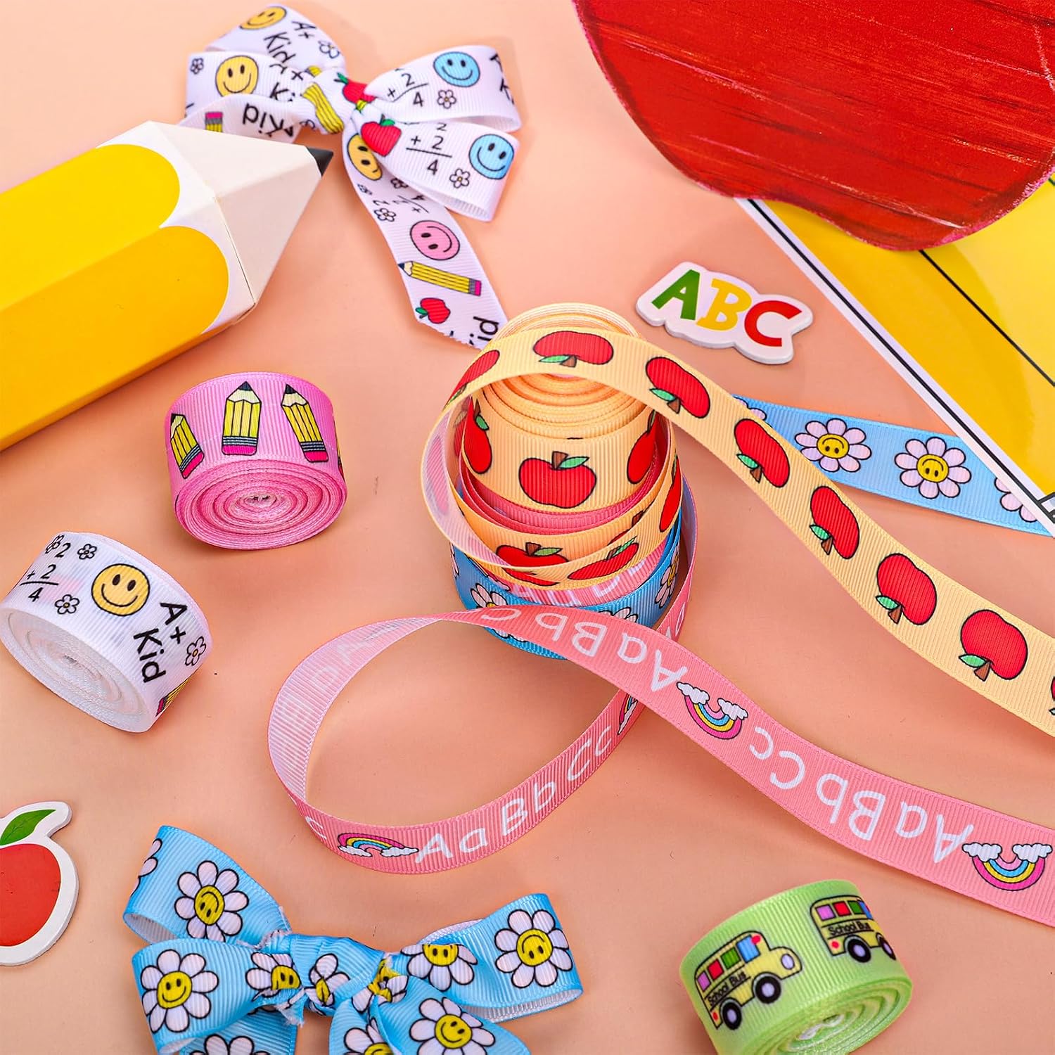 Whaline 6 Rolls Back to School Grosgrain Ribbons Groovy Pastel Fabric Craft Ribbon School Bus Daisy Pencil Apples ABC Ribbon for Wreath Bow Gift Wrap Party Decor, 7/8", 30 Yards
