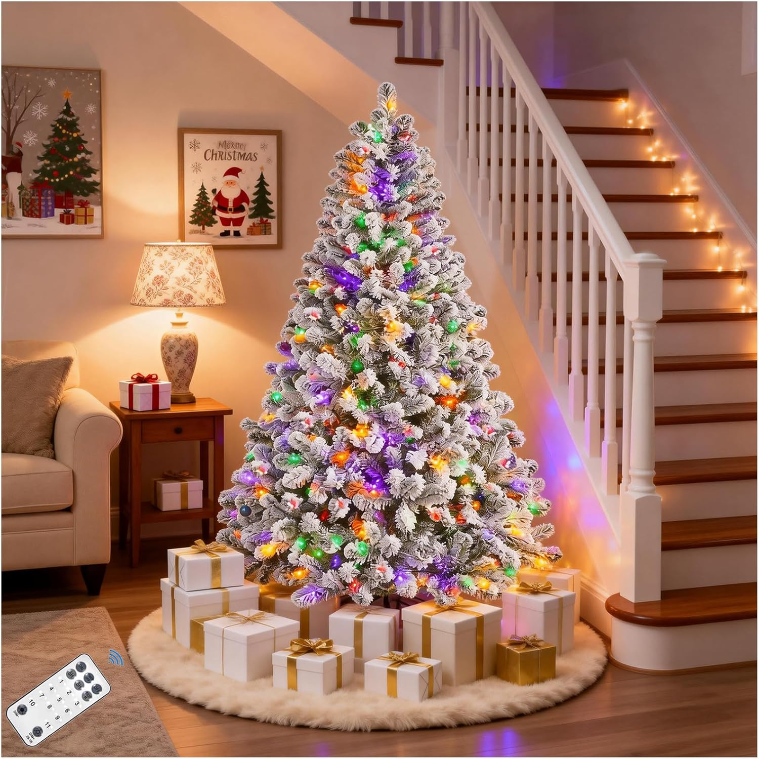 Fenbeli 6FT Snow Flocked Pre Lit Christmas Tree with 250 Colorful LED Lights Full Artificial Xmas Tree 1000 Branch Tips Hinged PVC Evergreen with Metal Stand for Indoor Holiday Home Decoration