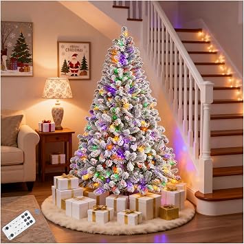 Fenbeli 7.5FT Snow Flocked Pre Lit Christmas Tree with 550 Colorful LED Lights Full Artificial Xmas Tree 1405 Branch Tips Hinged PVC Evergreen with Metal Stand for Indoor Holiday Home Decoration