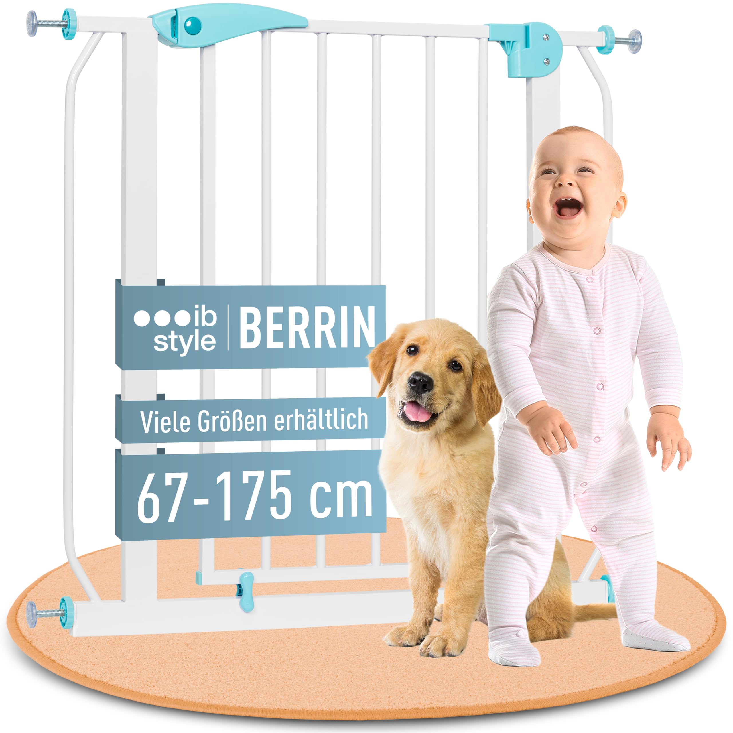 IB STYLE Türschutzgitter Berrin 85-95 cm, Treppengitter für Babys, Treppenschutzgitter ohne Bohren, Türgitter zum Klemmen, Kindergitter, Weiß Türkis