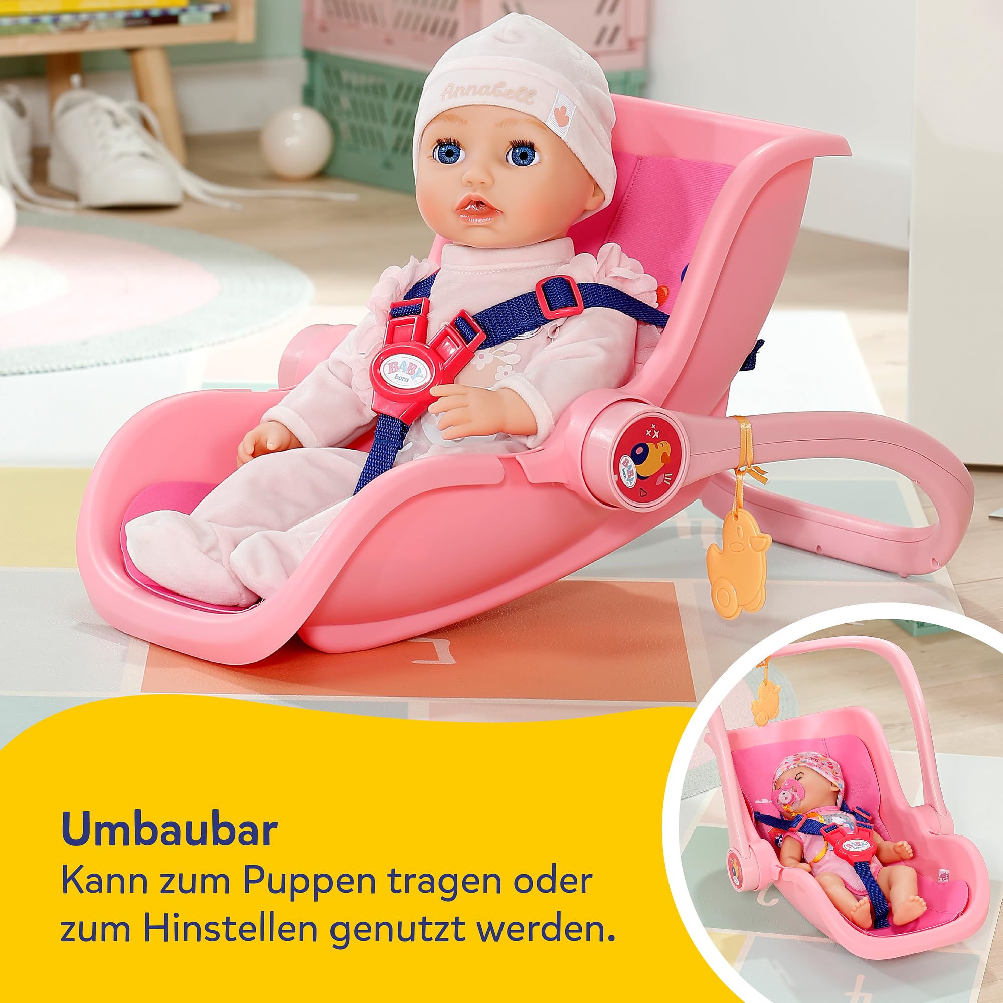 BABY born Babyschale Pink, Puppen-Babyschale mit Tragegriff, Sicherheitsgurt und Anhänger