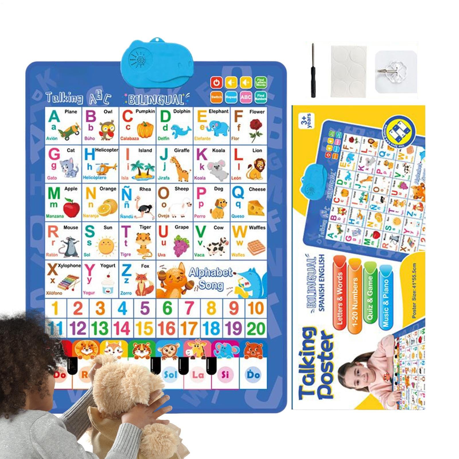 Tablero de Pared parlante - Interactivo bilingüe, póster del Alfabeto, Aprendizaje Musical en español e inglés | Aula, guardería, hogar, Sala de Juegos, cumpleaños