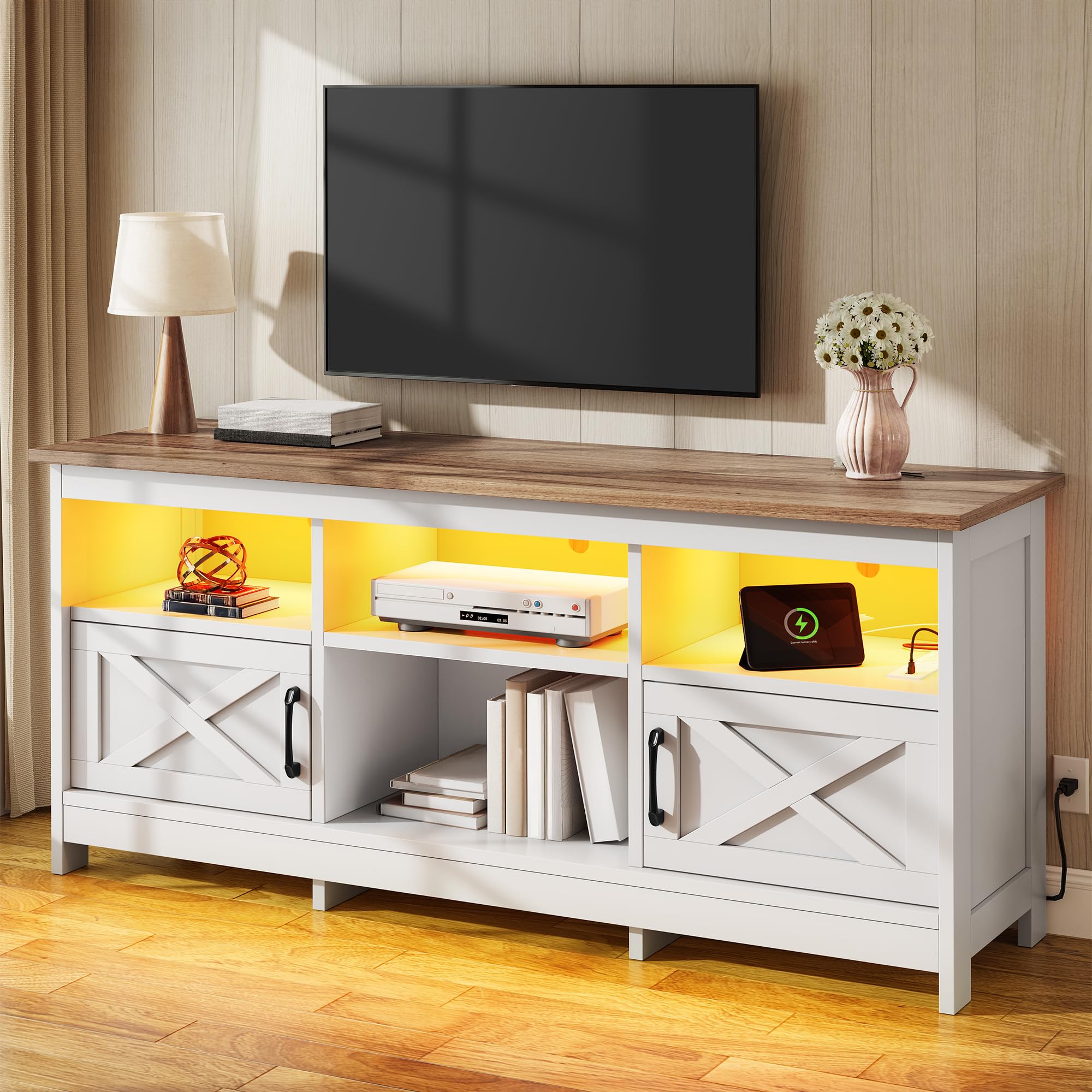 YITAHOME TV Stand for 65 Inch TVs, Entertainment Center with Storage Cabinets, Power Outlet & LED Light, Media Console Living Room Furniture, White & Walnut