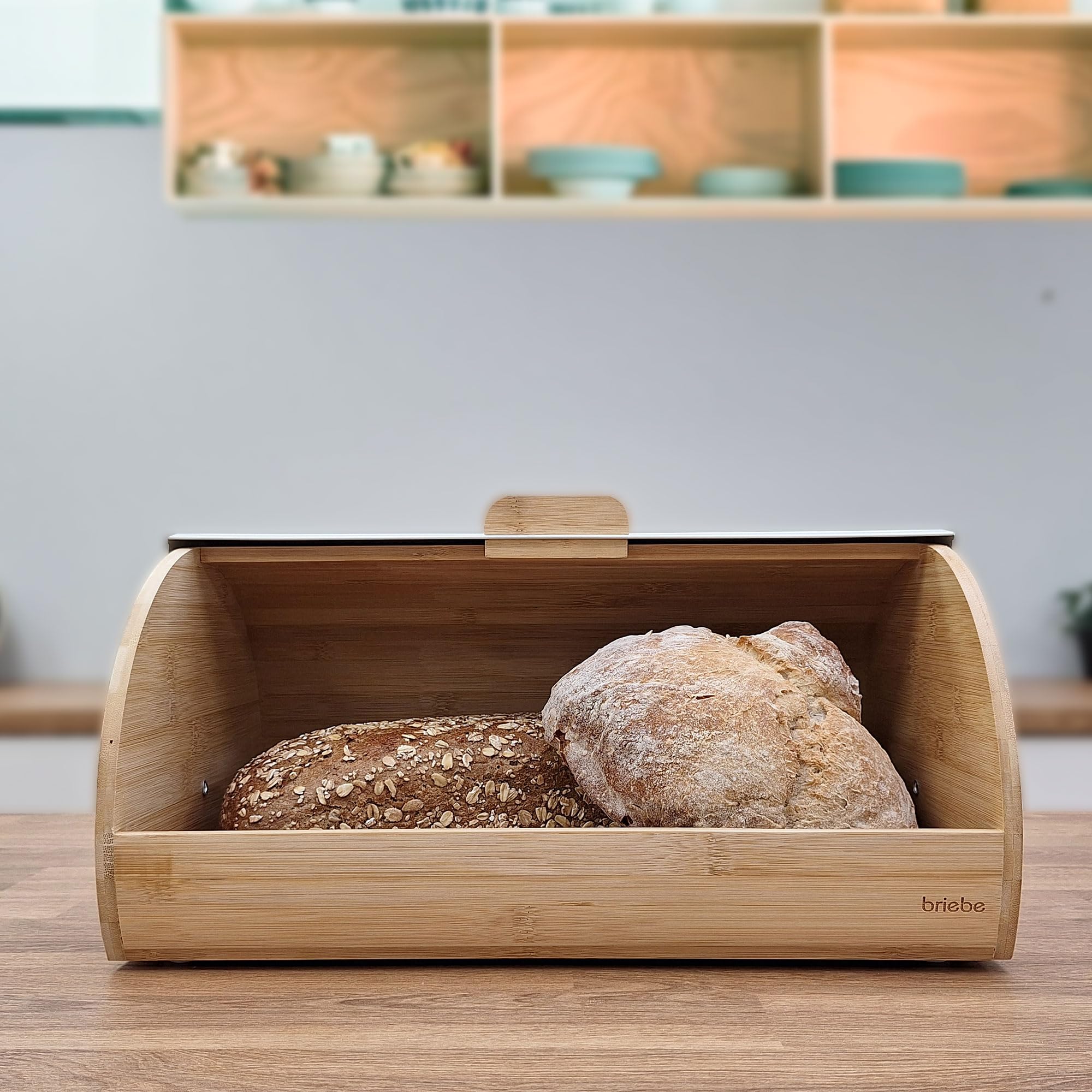 briebe Nordic Panera para Guardar Pan de Mesa Madera Bambú, Tapa Deslizante, Bread Box para Almacenamiento Pan y Bollería, Diseño Nórdico Moderno, Blanco