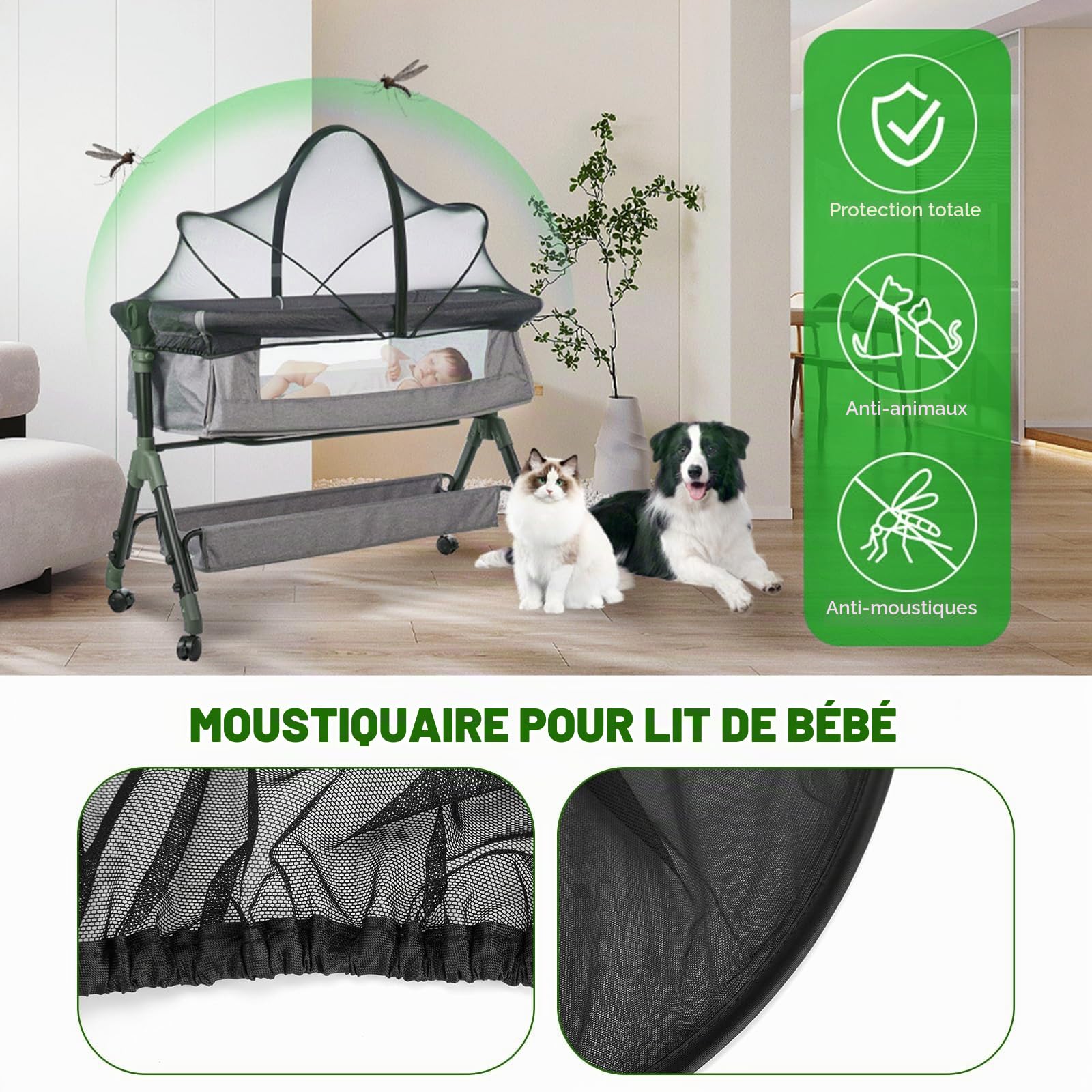 Moustiquaire universelle pour lit de voyage, pour lit d'enfant, avec fermeture éclair silencieuse pour lit, accès facile, installation rapide, filet anti-insectes à mailles fines