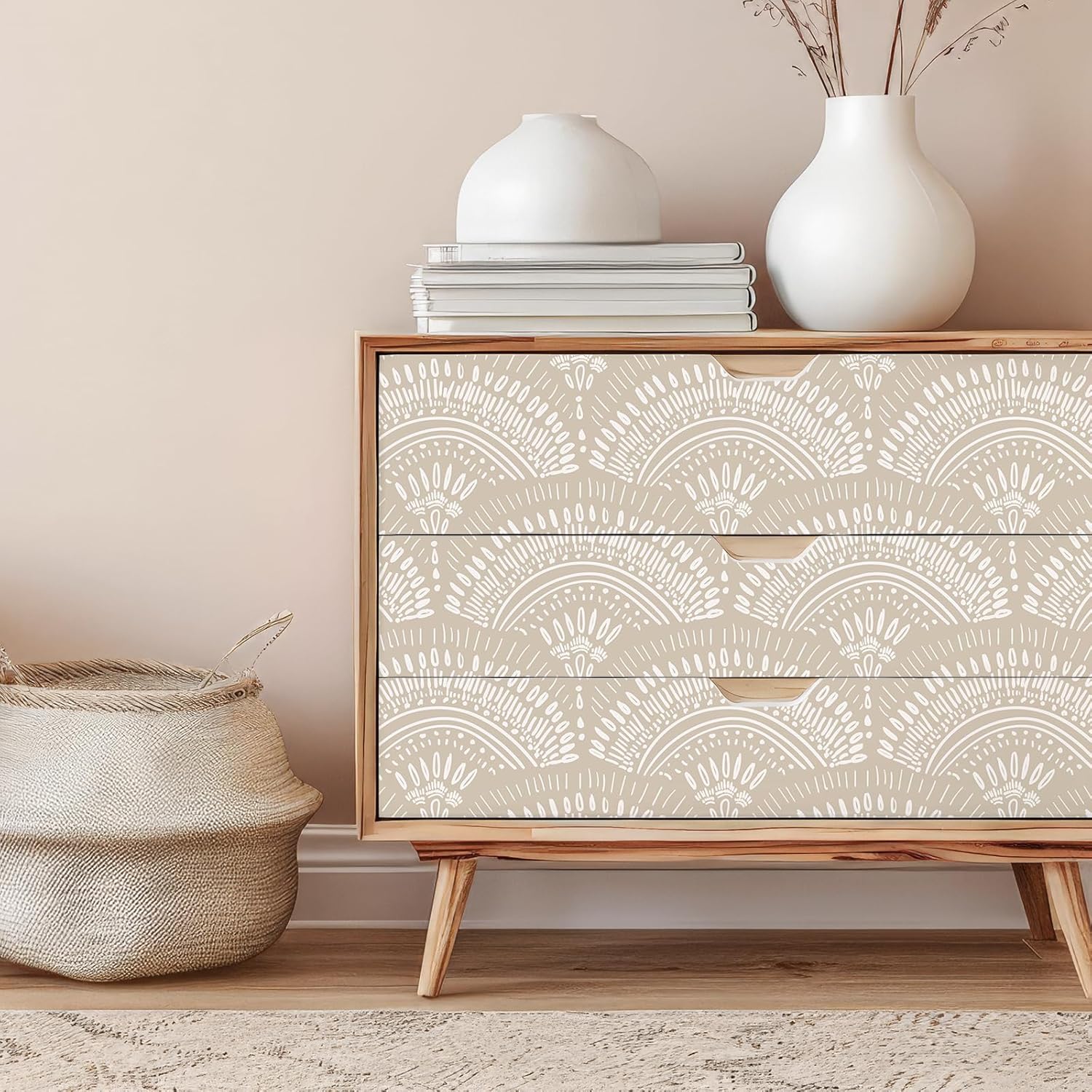 VEELIKE Beige Detailed Arches Geometric Wallpaper Peel and Stick Boho Abstract Wallpaper for Bathroom Bedroom 17.7''x354'' Self Adhesive Beige Contact Paper for Walls Removable Mid Century Wall Paper