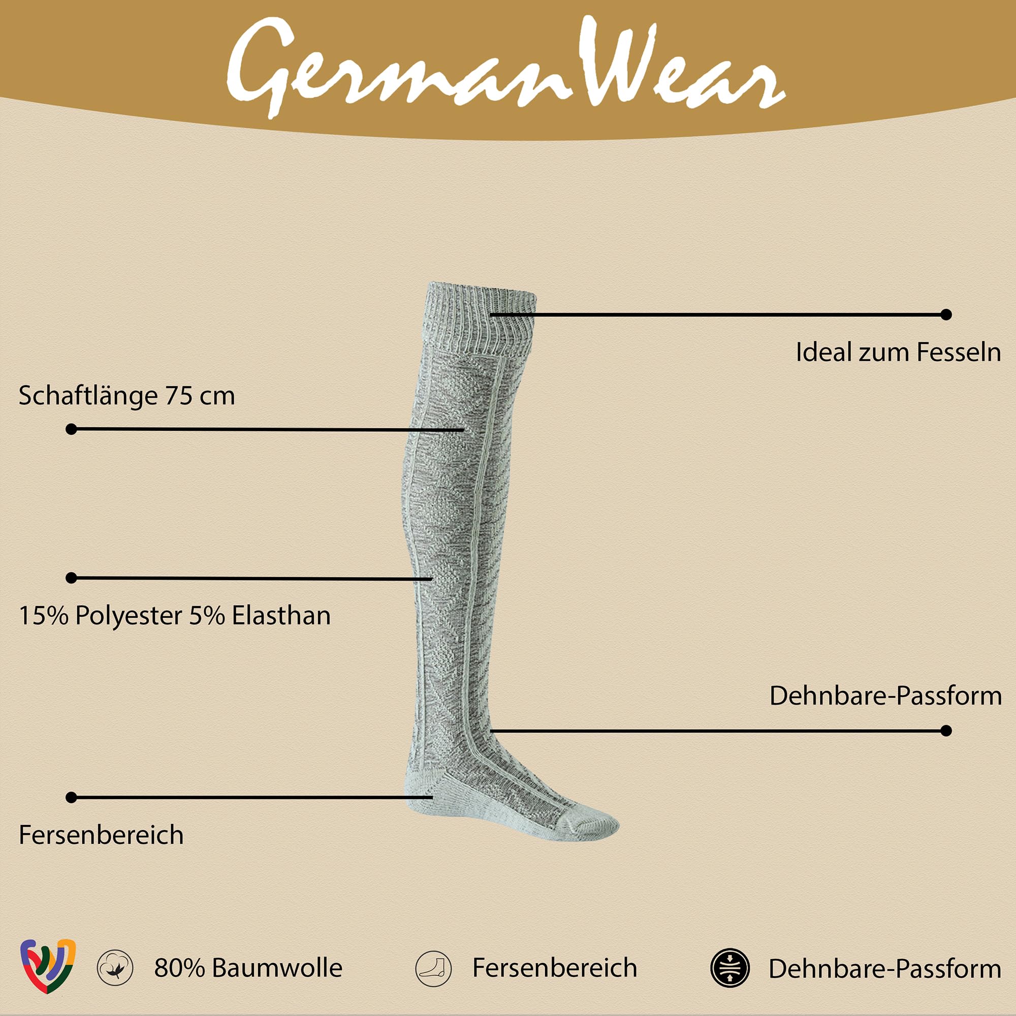 German Wear EXTRA Lange Trachtensocken Strümpfe mit quadratisches muster Trachtenlederhose Socken 75cm