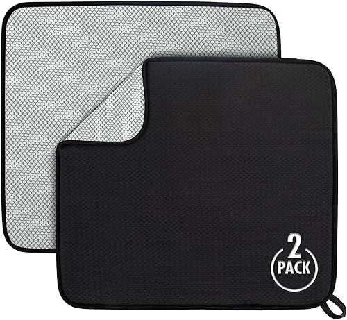 Tapete de secado de platos prémium de microfibra súper absorbente de 16 x 18 pulgadas, escurridor de platos, doble superficie (negro, paquete de 2)
