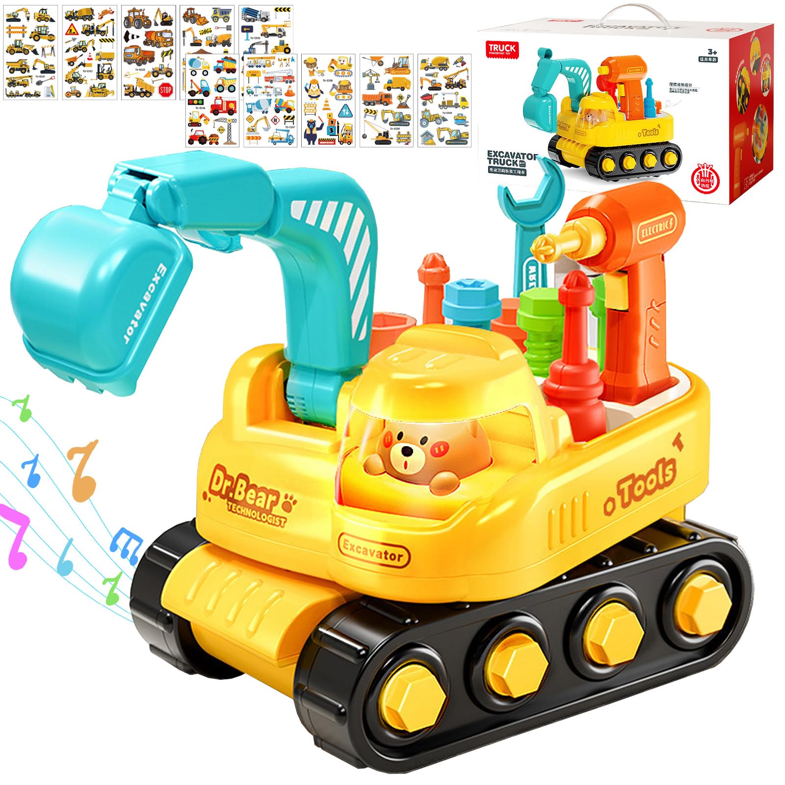 Pelleteuse Enfant, Bricolage Engin de Chantier Enfant avec LED éclairage & Musique, DIY Educatif Montessori Creatif Tracteur Jouet, Etabli avec Visseuse Perceuse Outilsenfant Cadeau Garcon 4 ans