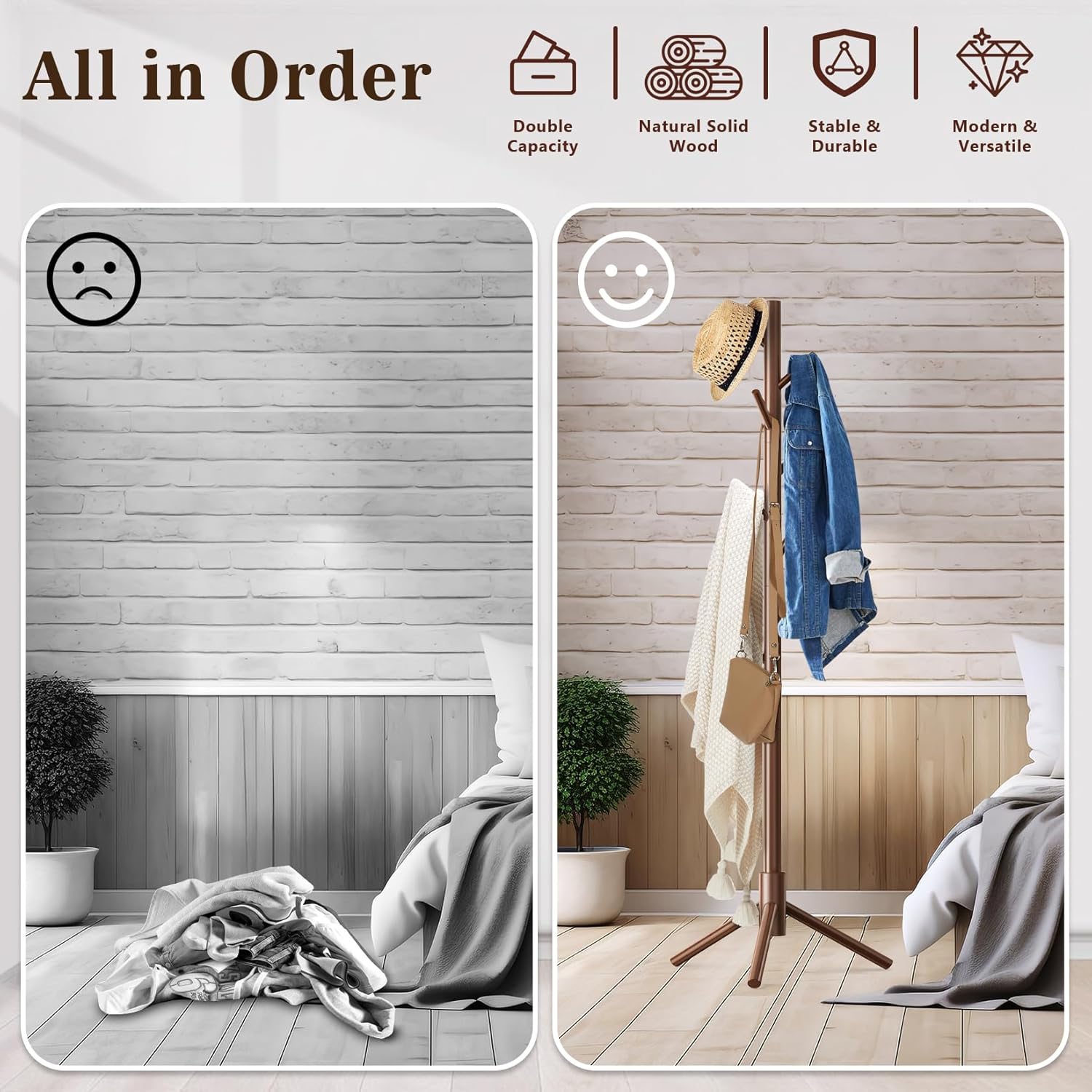 Wooden Coat Rack Freestanding with 8 Hooks,Easy Assembly New Zealand Pine Tree Coat Racks, 3 Adjustable Sizes for Clothes, Hats, Bags, for Entryway, Hallway, Bedroom, Office (Brown, 2 PCS)