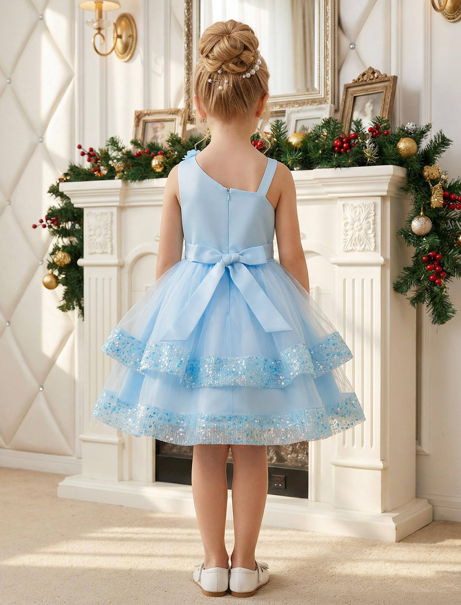 ABEHIK Vestido de princesa de lentejuelas para niñas, vestido de verano de malla de flores, tutú para fiestas, vestido de boda festivo para niños