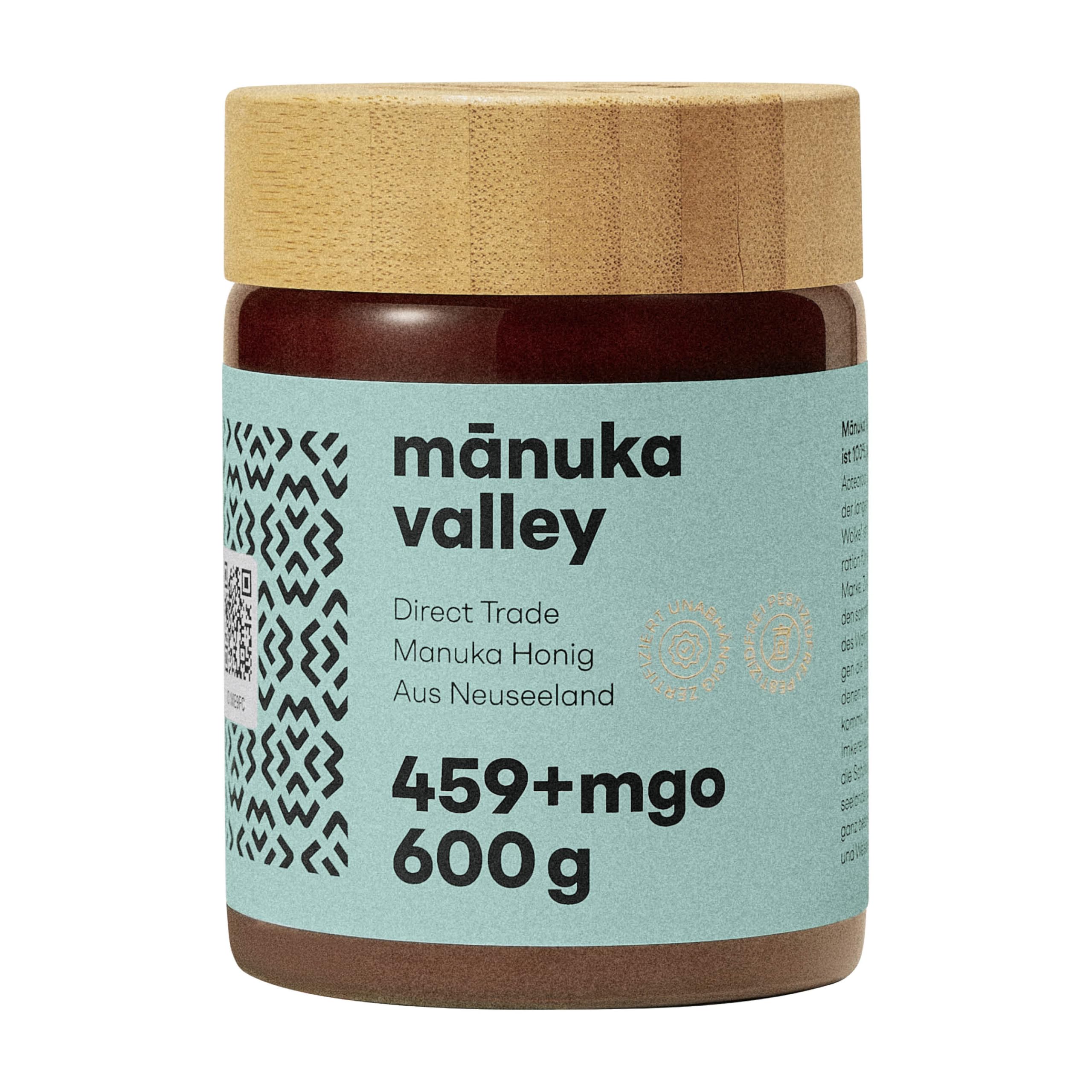 MANUKA VALLEY – Manuka Honig mit 459+ MGO im Glas. 600 g. Laborgeprüft und zertifiziert – 100 % natürlicher Manuka-Honig aus Neuseeland. Cremig, zart und mit subtiler, erdiger Note