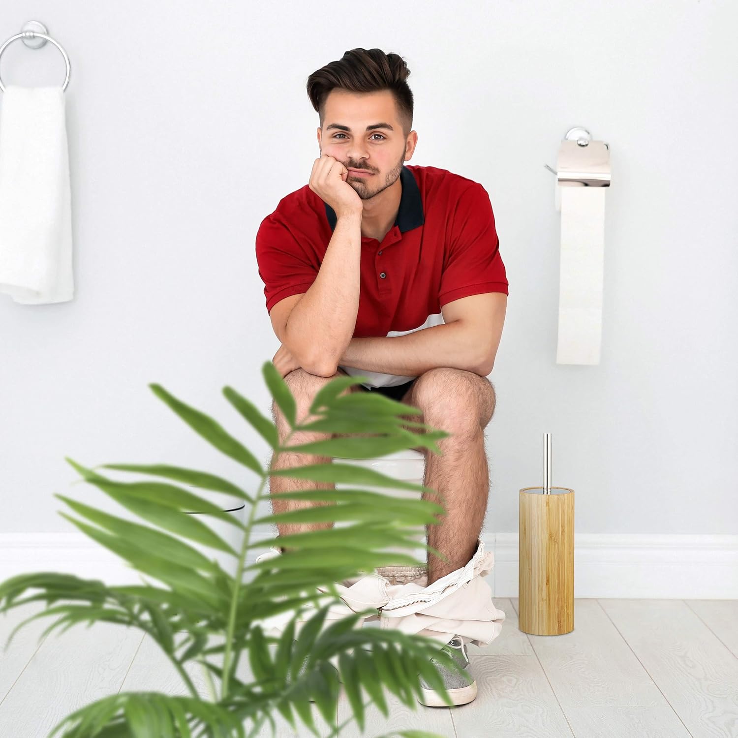Relaxdays Bamboo WC Brush Holder and Brush, Round Stand, Wooden Toilet Bathroom Butler H x Dia: 37.5 x 10.5 cm, Natural - Image 4
