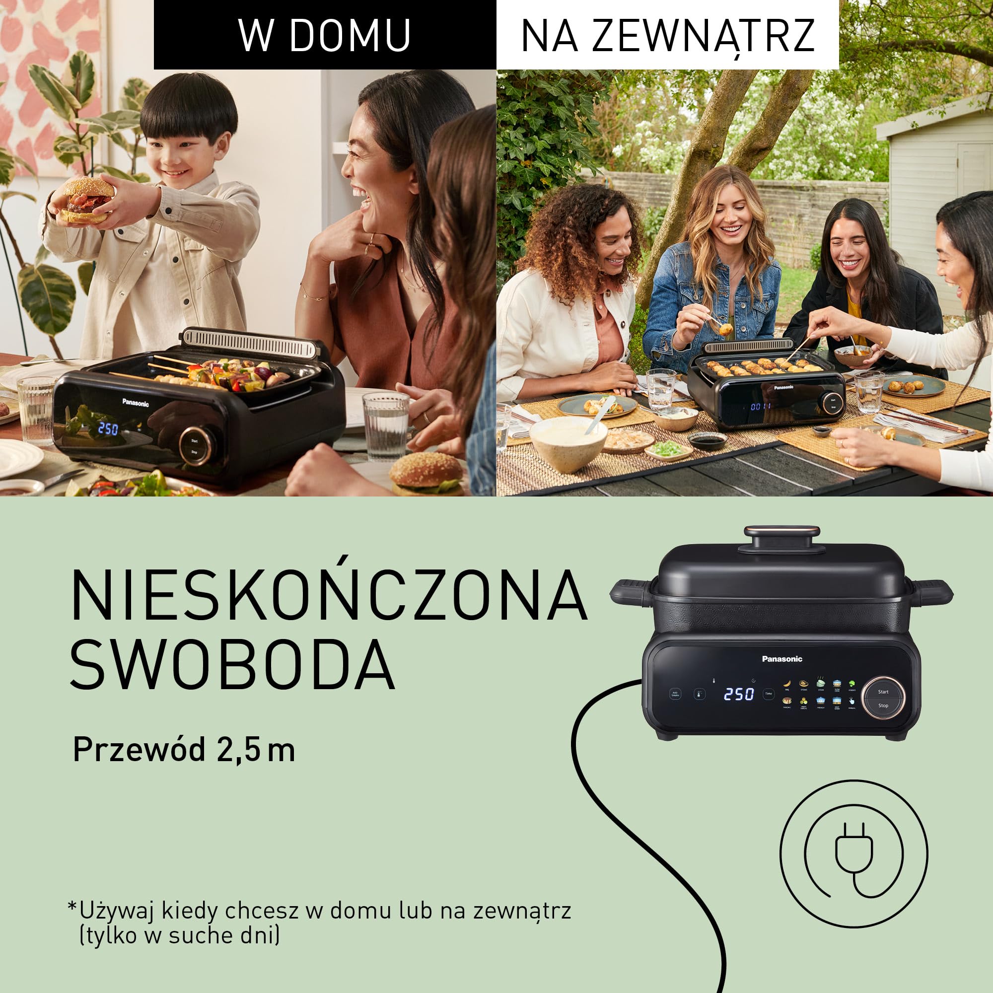 Panasonic NF-GM600KXE Garnek Elektryczny Multicooker 6 w 1, 1400 W, 40-250°C, 9 trybów automatycznych, 6 płyt, bezdymny, system odprowadzania dymu, można myć w zmywarce, przewód 2.5 m, czarny