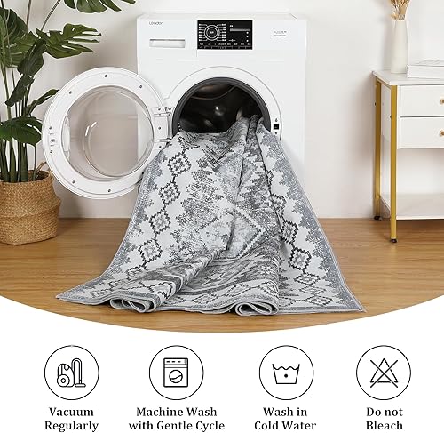 Miniatura 4 de ROYHOME Alfombra lavable de 8 x 10 pulgadas, lavable, con estampado vintage, antideslizante, alfombra geométrica de pelo bajo, alfombra grande para