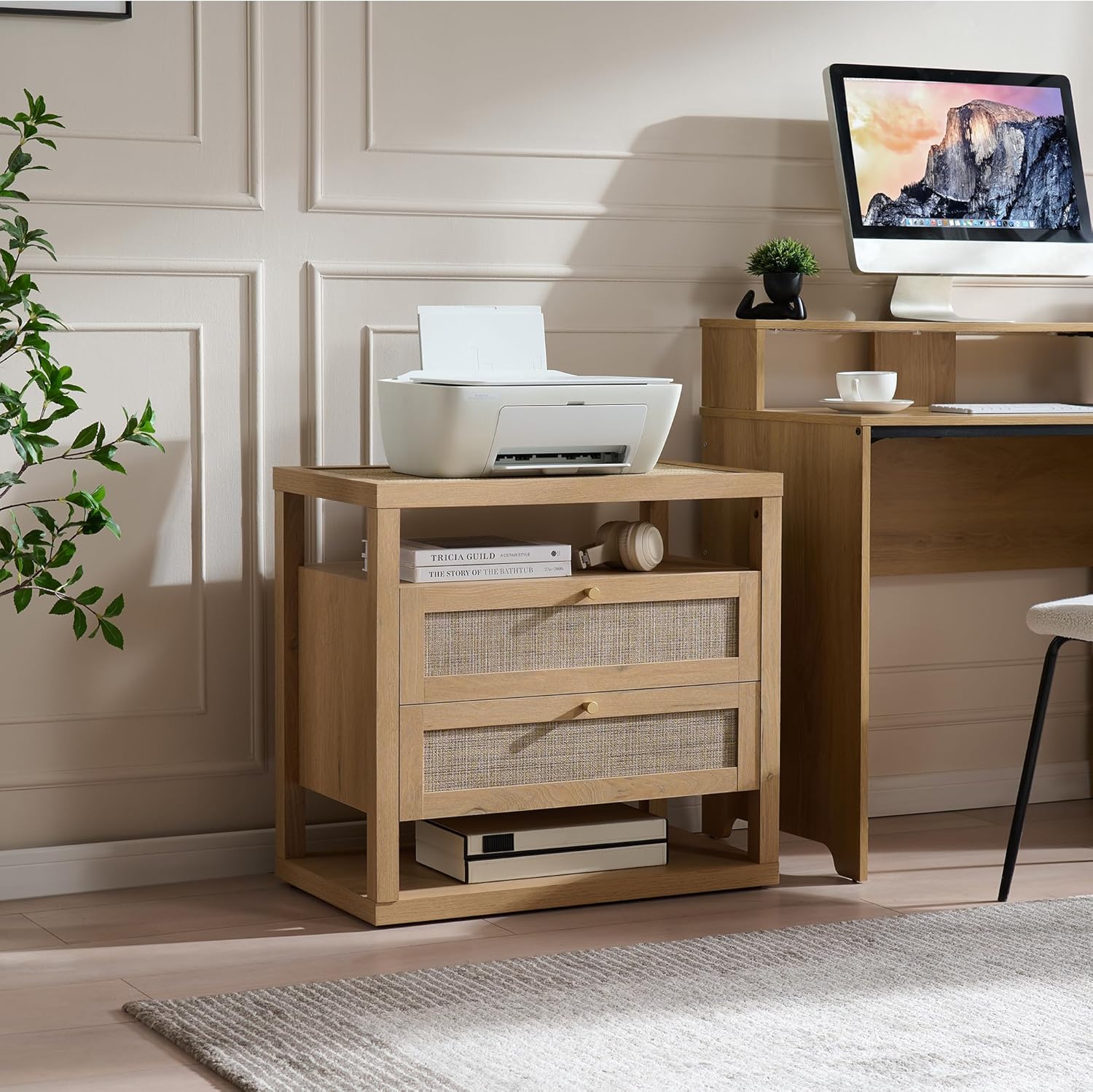 VividVibe Natural Oak Night Stand Set 2, Nightstand with Drawers and Storage Shelf - Rattan Boho Bedside Tables Large Nightstands Wooden Bed Side Table, Modern Farmhouse Accent Rustic End Table