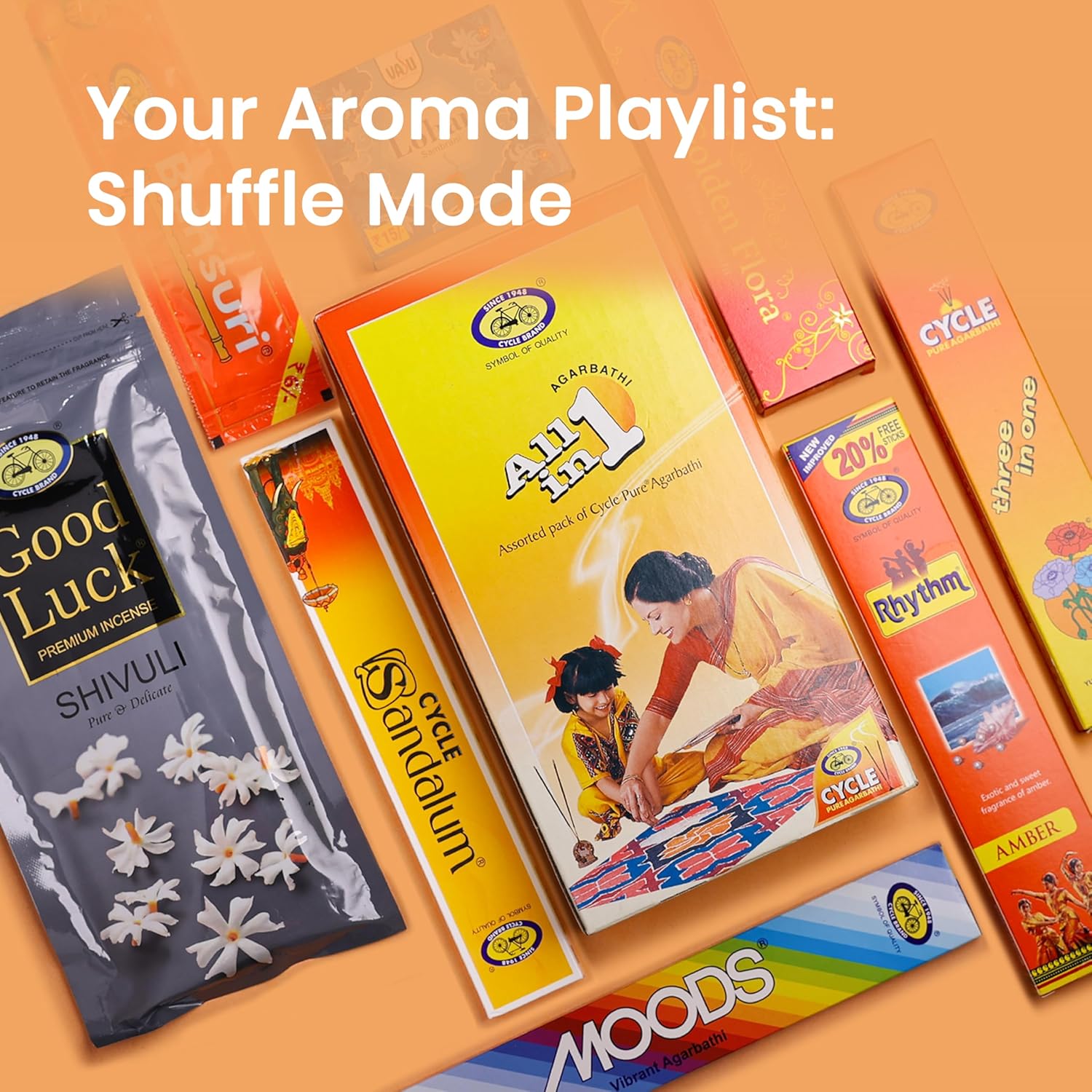 Cycle Pure All in One Assorted Incense Sticks || 8 Assorted Agarbathi Packets || in a Pack of 2 Boxes (173 Nos per Pack) / Floral, Woody, Masala, Fruity, Natural Fragrance