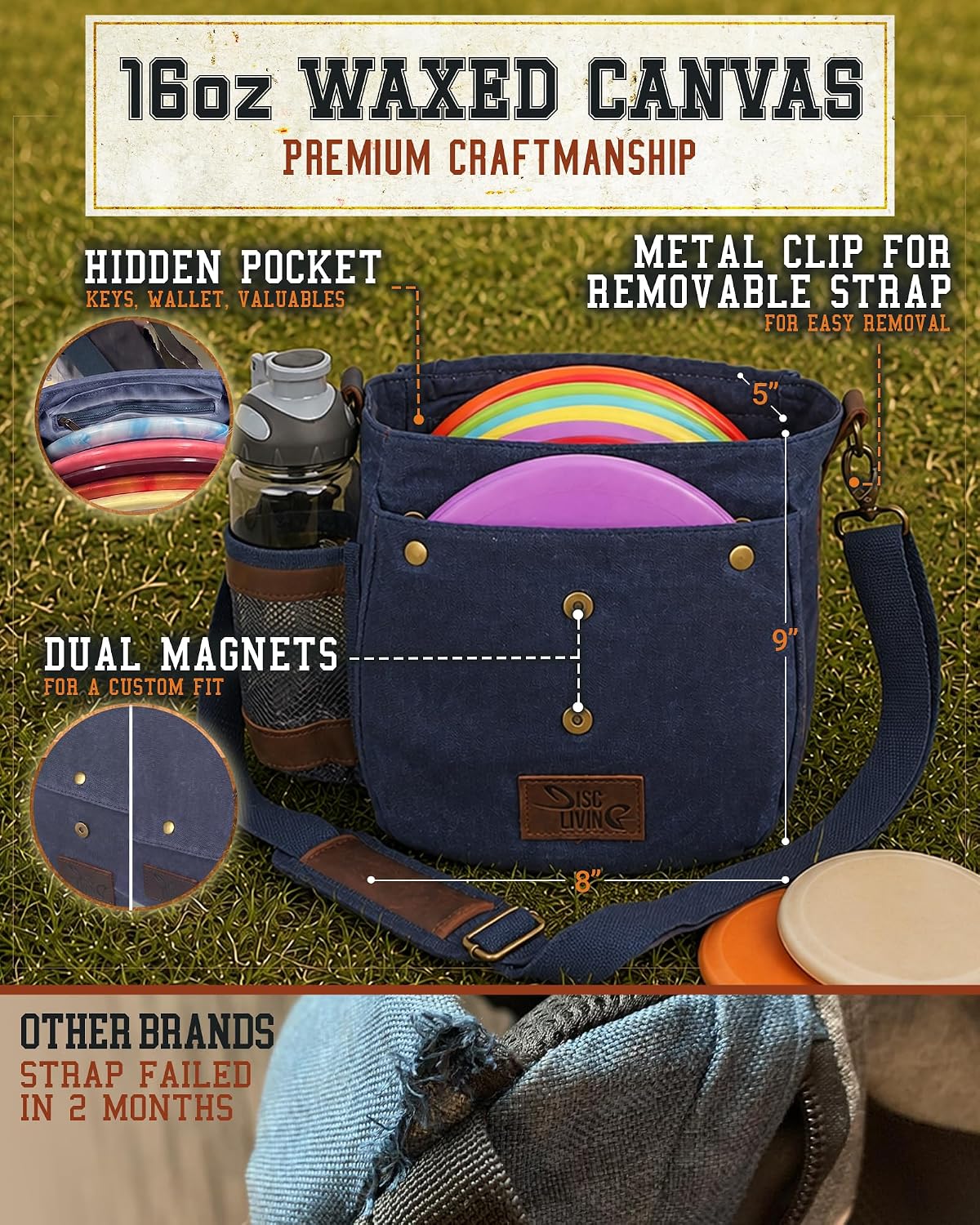 Disc Golf Bag | Frisbee Golf Bag | Easy to Carry | Lightweight Fits Up to 10 Discs | 16 oz Waxed Canvas Sturdy Design | Belt Loop | Double Button Design | Bottle Holder