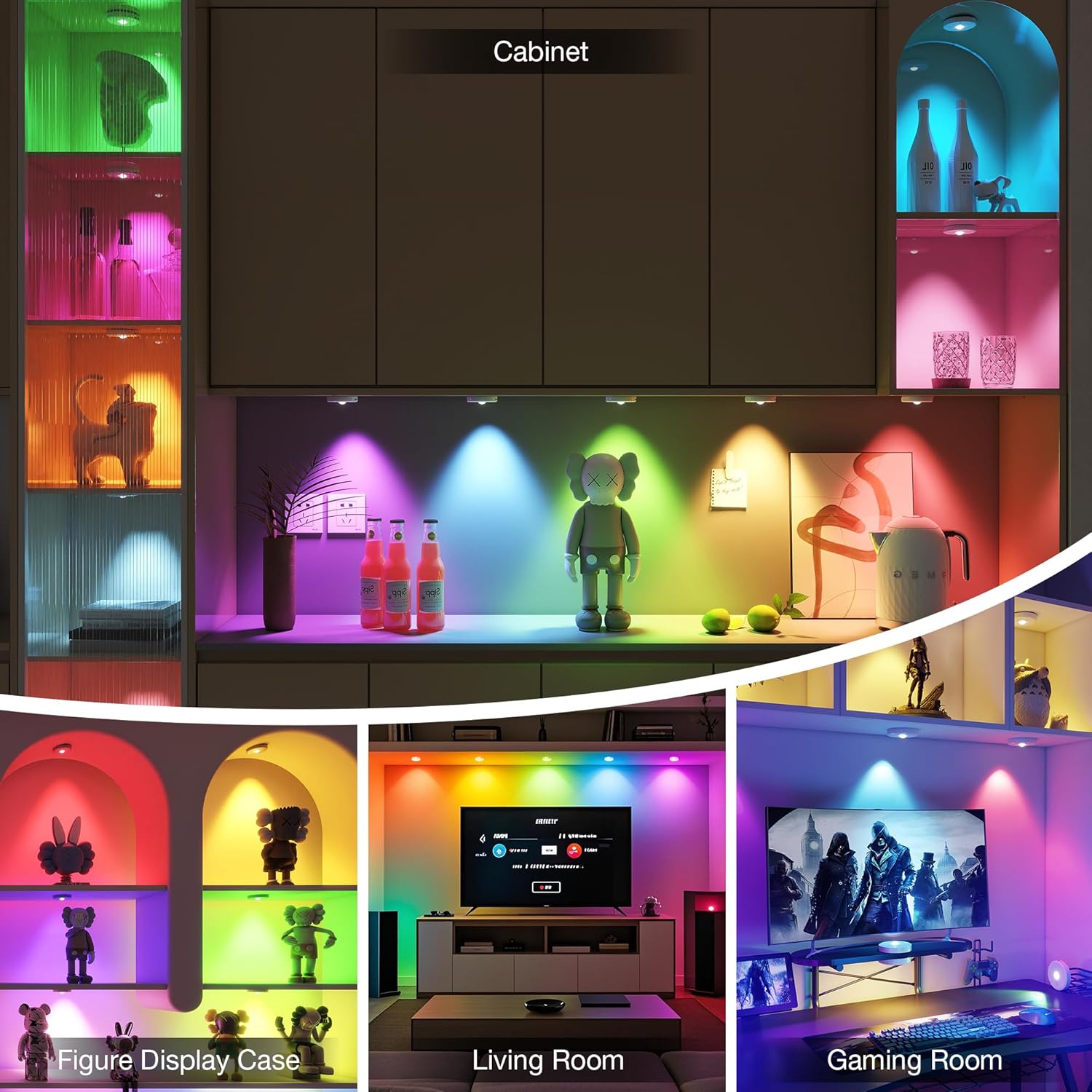 RGB Puck Lights with Remote Control, 2000mAh Battery Operated Tap Lights Rechargeable, 9 Colors & 2 Dynamic Changing Under Cabinet Lighting, Magnetic Stick on Light for Closet(White, 3 Pack)