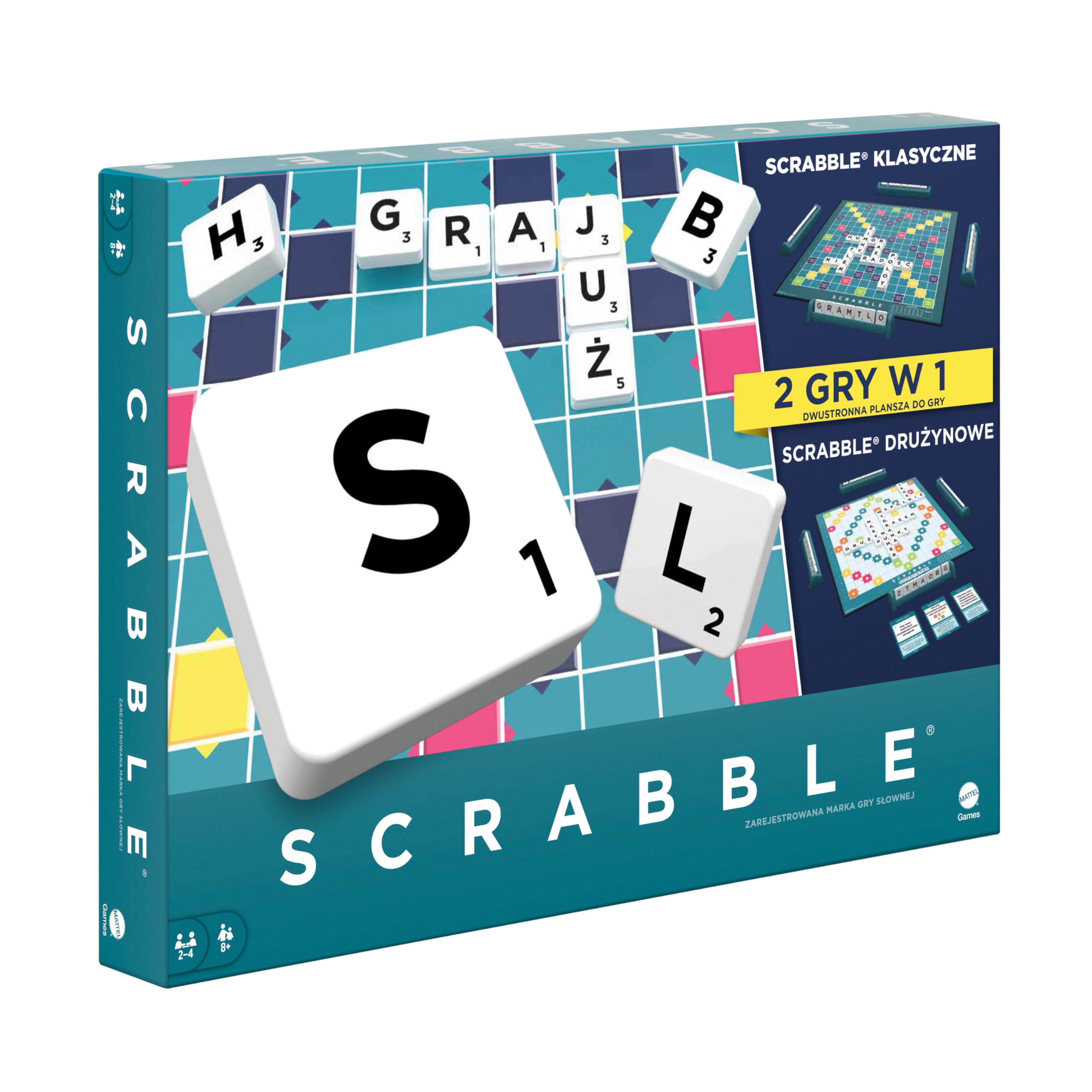 Mattel Games Gra planszowa Scrabble, gra słowna dla rodzin z dwoma sposobami gry, zawiera 50 kart docelowych z podstawowymi elementami Scrabble dla 2-4 graczy, edycja holenderska, HXW00