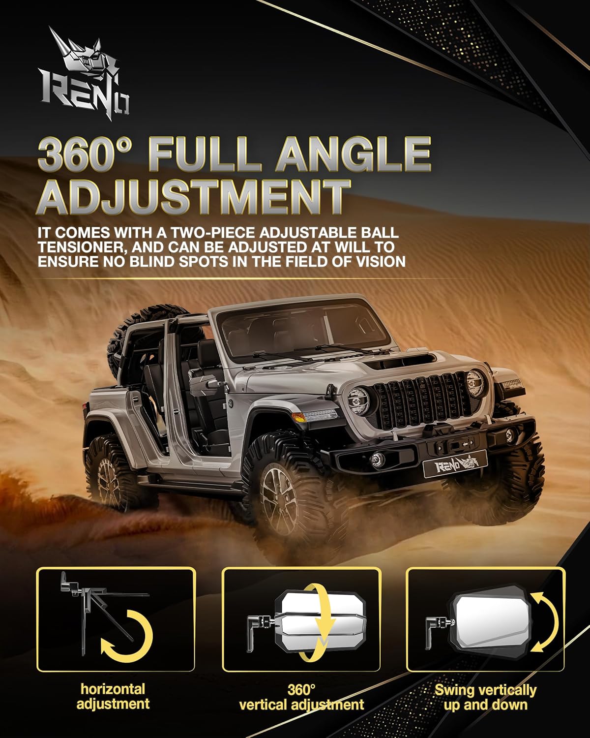 RENO Wrangler Mirrors Doors Off, Aluminum CNC Side Mirrors with Heavy-Duty Adjustable Bracket Wider View No Vibrate & Wobble Rear View Mirror Compatible with 2018-2025 Wrangler JL JLU Gladiator JT