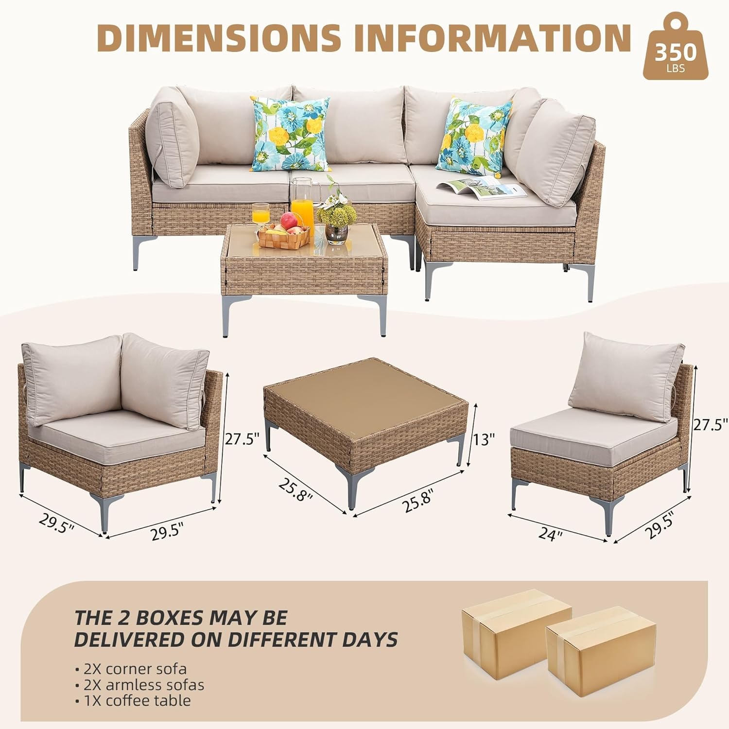 5-Piece Outdoor Patio Furniture Set Ratten Conversation Sectional Sofa Coffee Table All-Weather Patio Conversation Sets with Thick and Anti-Slip Cushions for Backyard Deck
