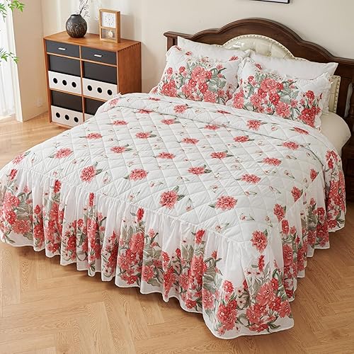 Miniatura 2 de EVENHUG Falda de cama 100% algodón, tamaño matrimonial, con volantes, color rosa, floral, con 2 fundas de almohada de 20 pulgadas, falda de cama de