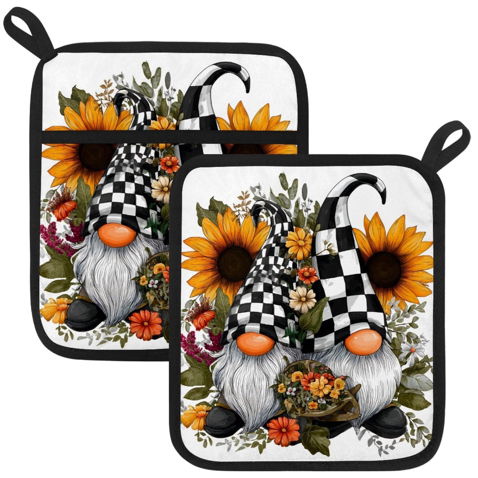 VAPOKF Gnomes Sunflower Heat Resistant Pot Holders, Thick Pot Holders Pad with Hanging Loop for Kitchen, Oven Cloth Pads for Kitchen Baking Microwave Oven