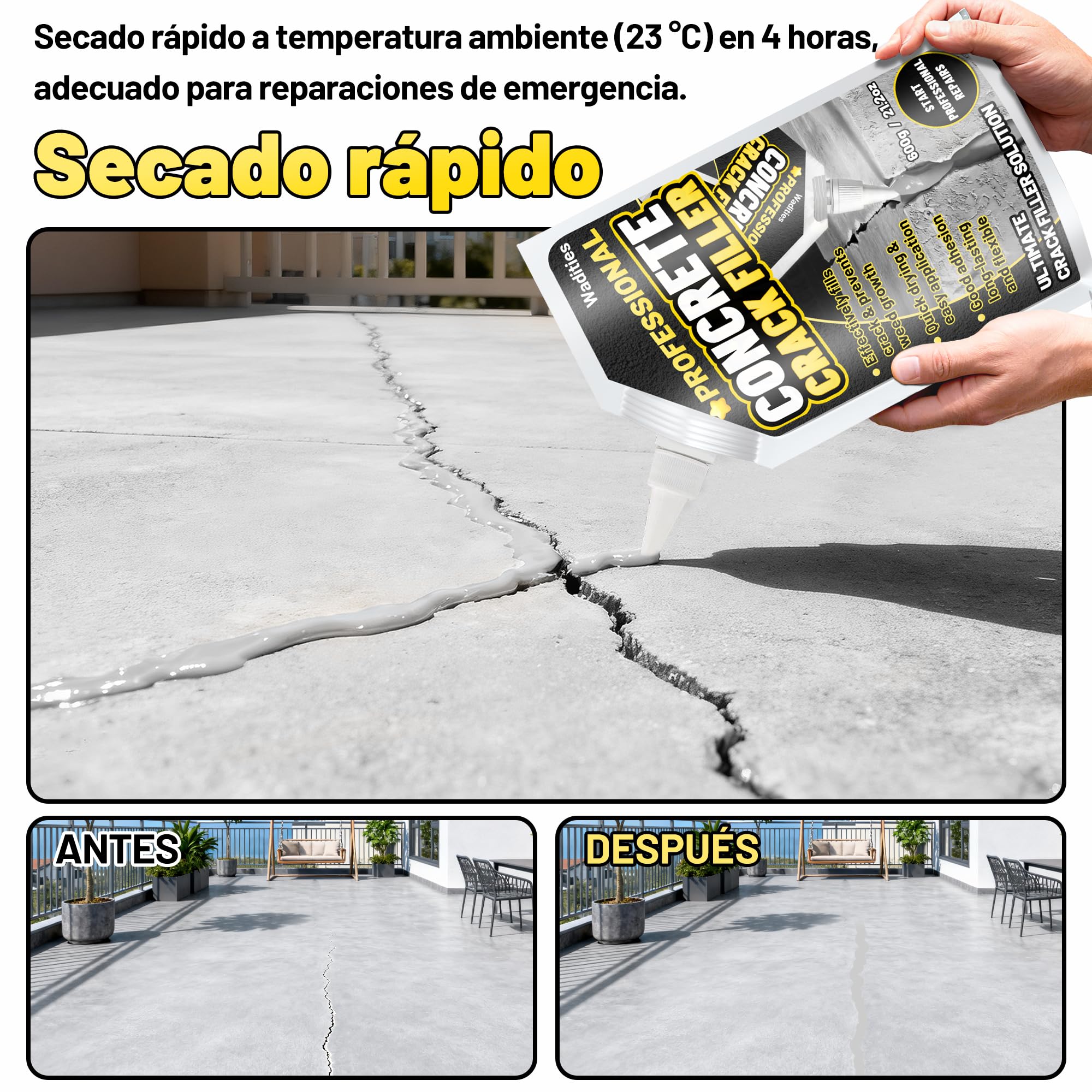 Relleno para grietas en hormigón 3.6kg, sellador impermeable para reparación de losas de hormigón en entradas de vehículos, pasillos, patios, juntas, sellador de secado rápido para exteriores - Gris