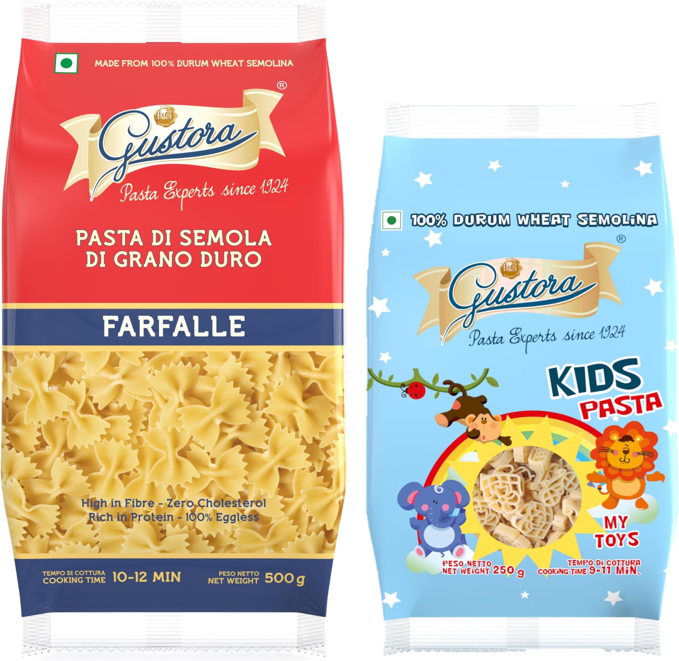 Combo Pack of Farfalle Pasta, 500g and My Toys Assorted Kids Pasta, 250g (Combo of 2) I Made of 100% Durum Wheat Semolina I Vegetarian I Rich in Protein & Fibre I Zero Cholesterol - 750 G