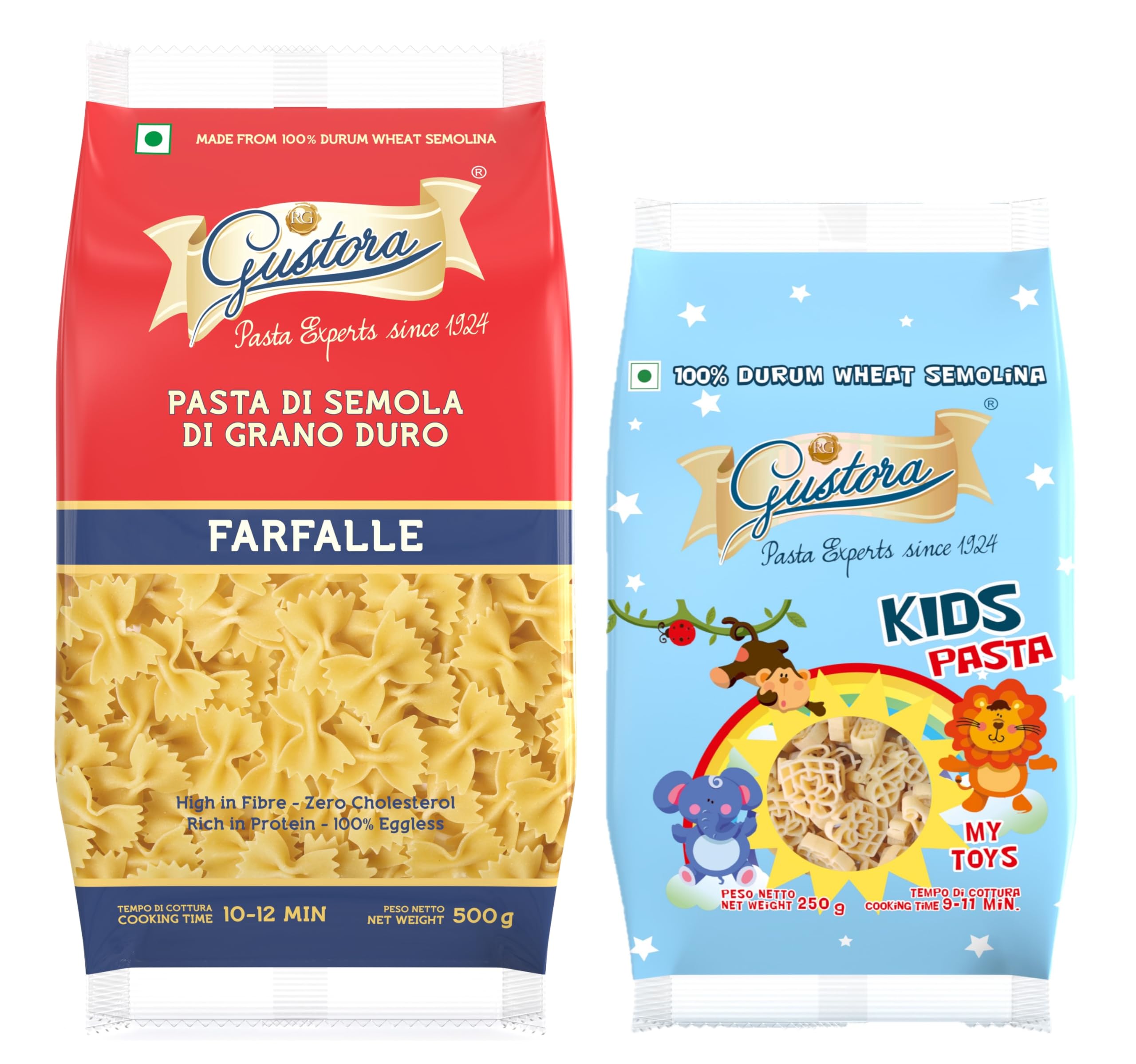 Combo Pack of Farfalle Pasta, 500g and My Toys Assorted Kids Pasta, 250g (Combo of 2) I Made of 100% Durum Wheat Semolina I Vegetarian I Rich in Protein & Fibre I Zero Cholesterol - 750 G