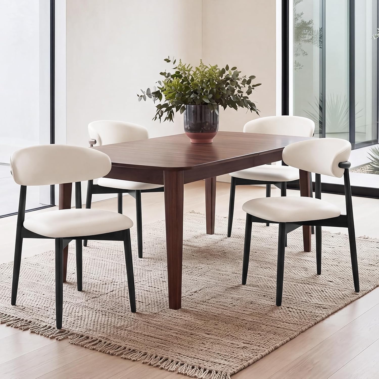 2 Set Leather Dining Chairs, Modern Upholstered Kitchen Chairs with Cushion and Metal Leg, Farmhouse Mid Century Open Back and Padded Seat Chair for Home Living Room (Black Leg)