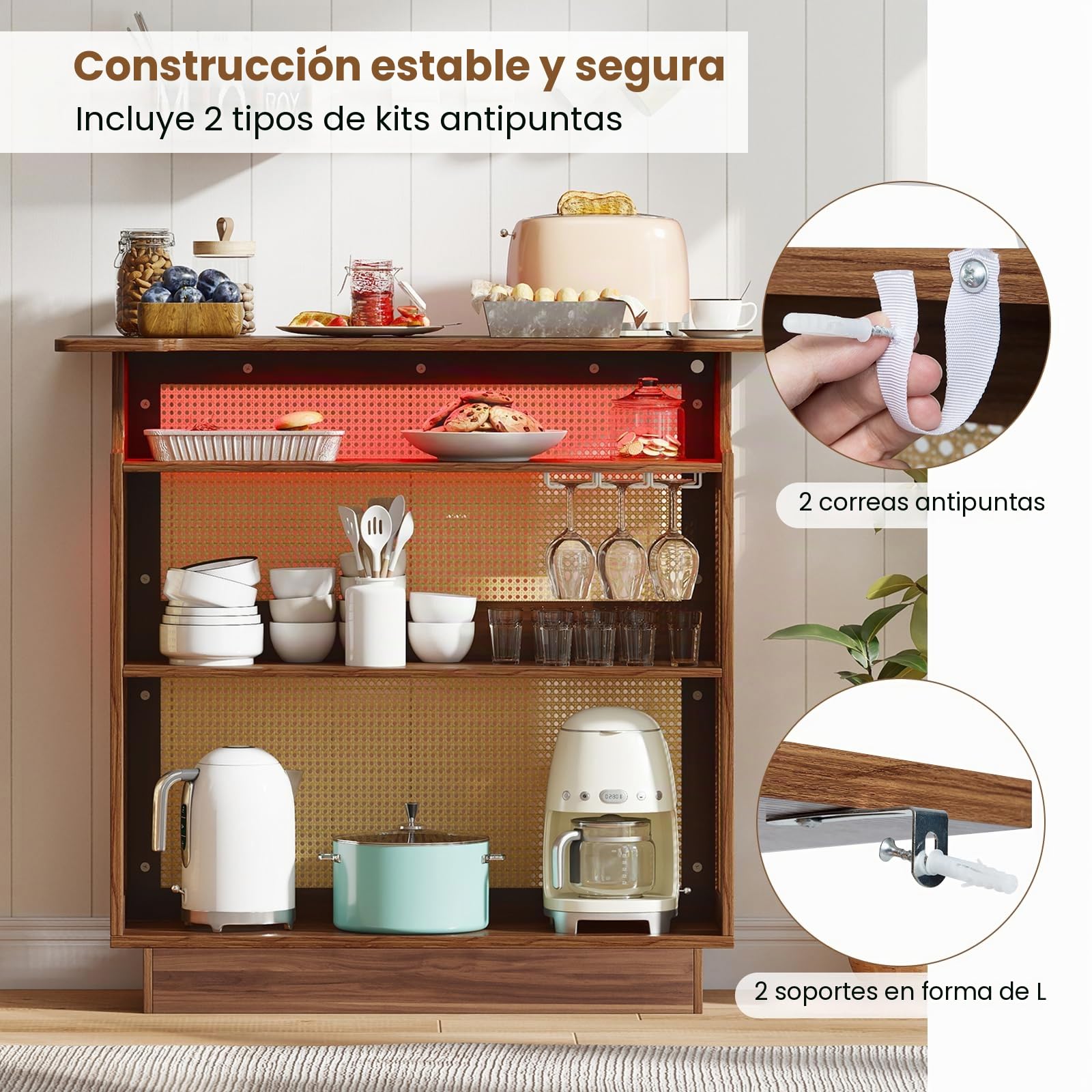 LIFEZEAL Mesa de bar de madera, barra de bar con iluminación LED, estantería de cocina de ratán con soporte para vasos y estantería, mesa de bistró, mesa de bar, diseño industrial, 55 x 120 x 110 cm