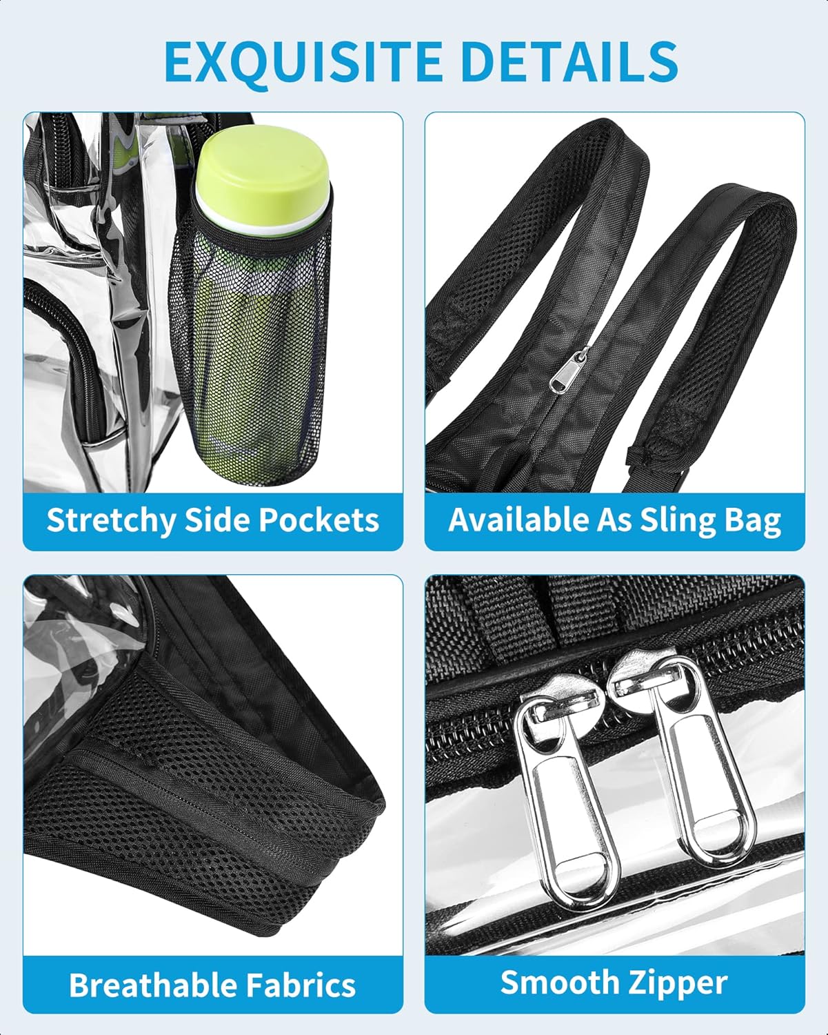 Clear Backpack Stadium Approved 12×12×6 with Breathable Shoulder Straps, Clear Sling Bag for Stadium Work Concert Festival - Black - Image 5